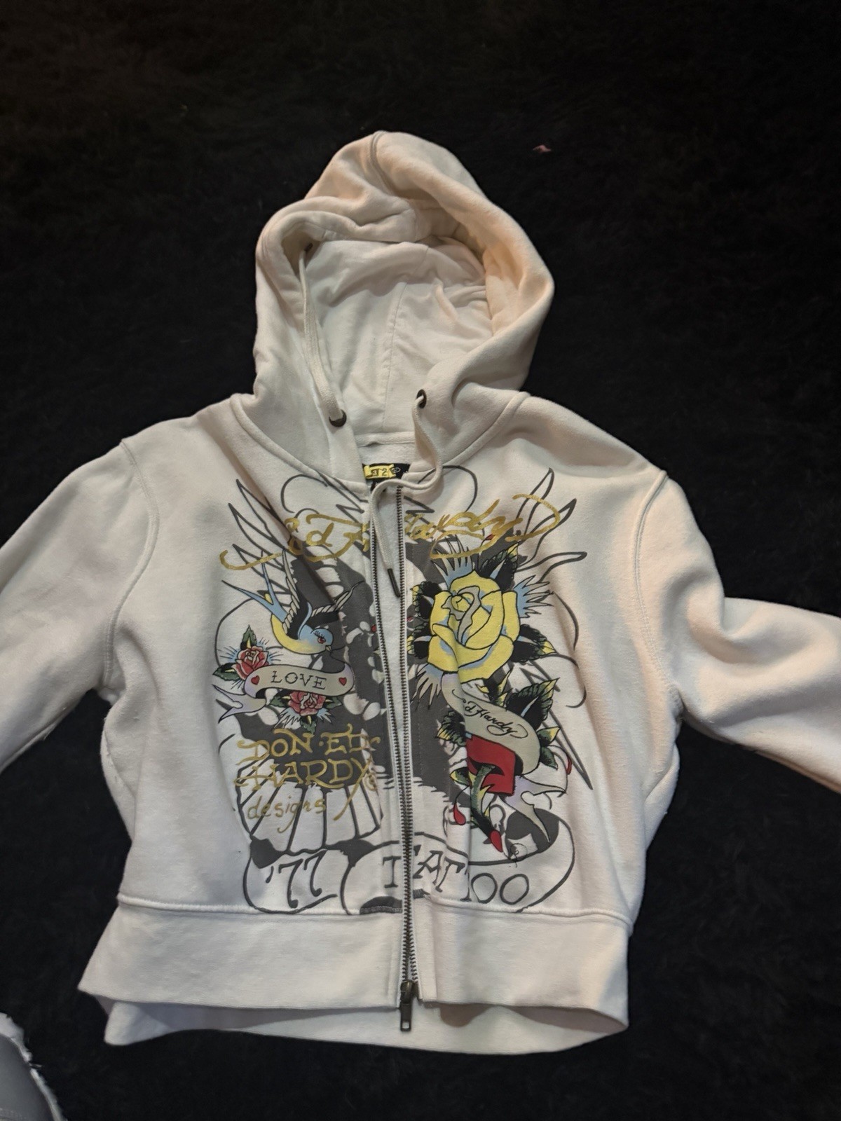 Ed Hardy White Cotton Fleece Full Zip Hooded Tattoo Graphic Hoodie Women XL