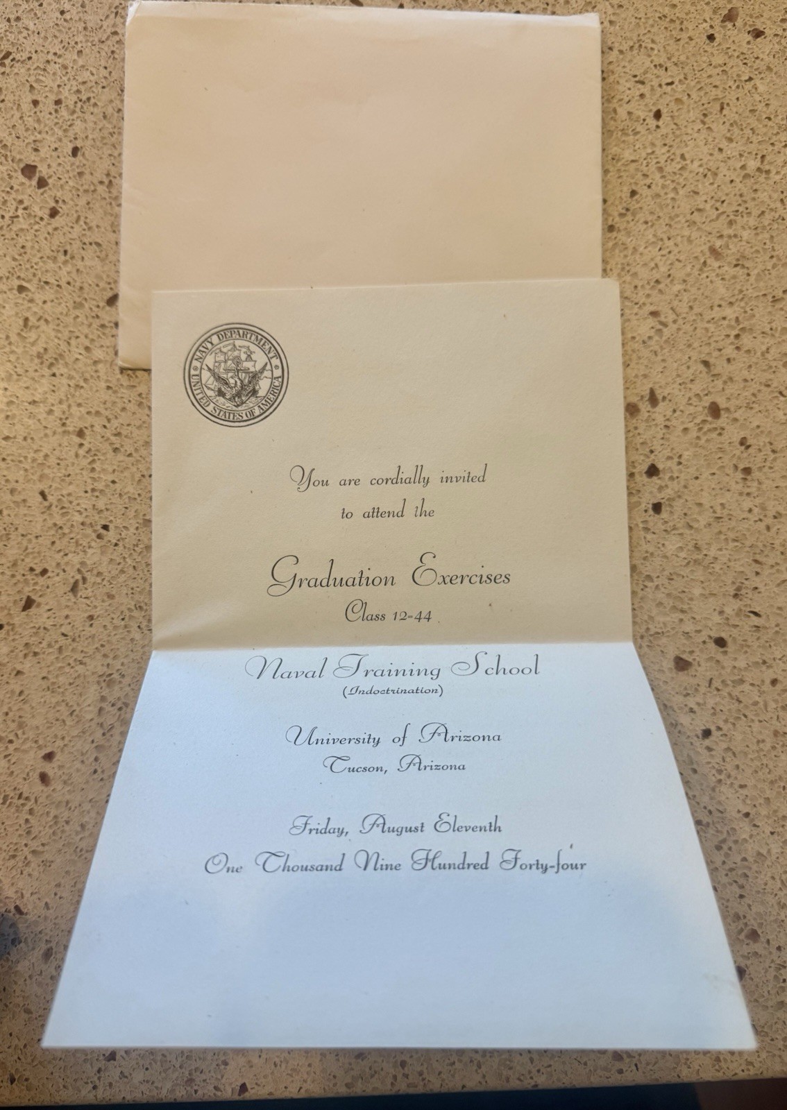 RARE 1944 GRADUATION INVITATION NAVAL TRAINING SCHOOL TUCSON ARIZONA WW2 NAVY G