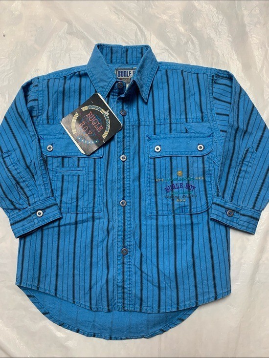Bugle Boy Vintage 90s Deadstock Boys Blue Striped Button Down Shirt Sz 4 nWT Bugle Boy Vintage 90s Deadstock Boys Blue Striped Button Down Shirt Sz 4 nWT