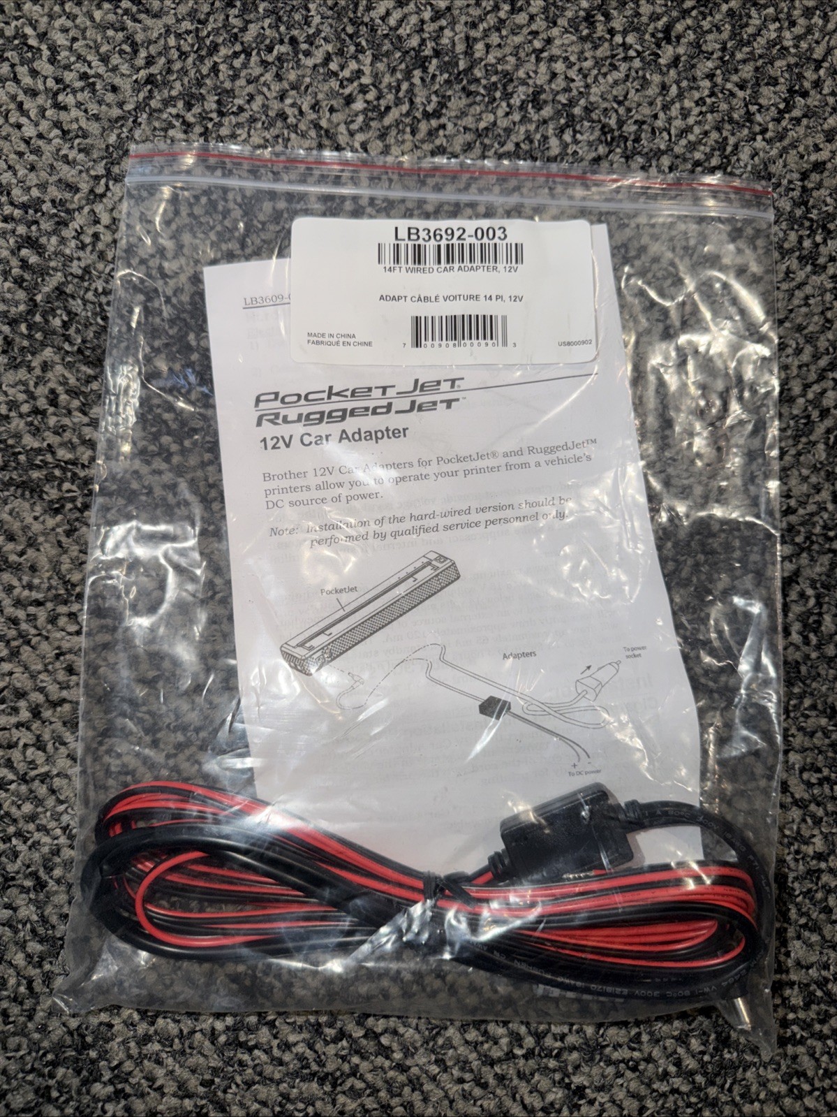 Brand New Never Installed Brother LB3692 Auto Adapter PocketJet RuggedJet 12v