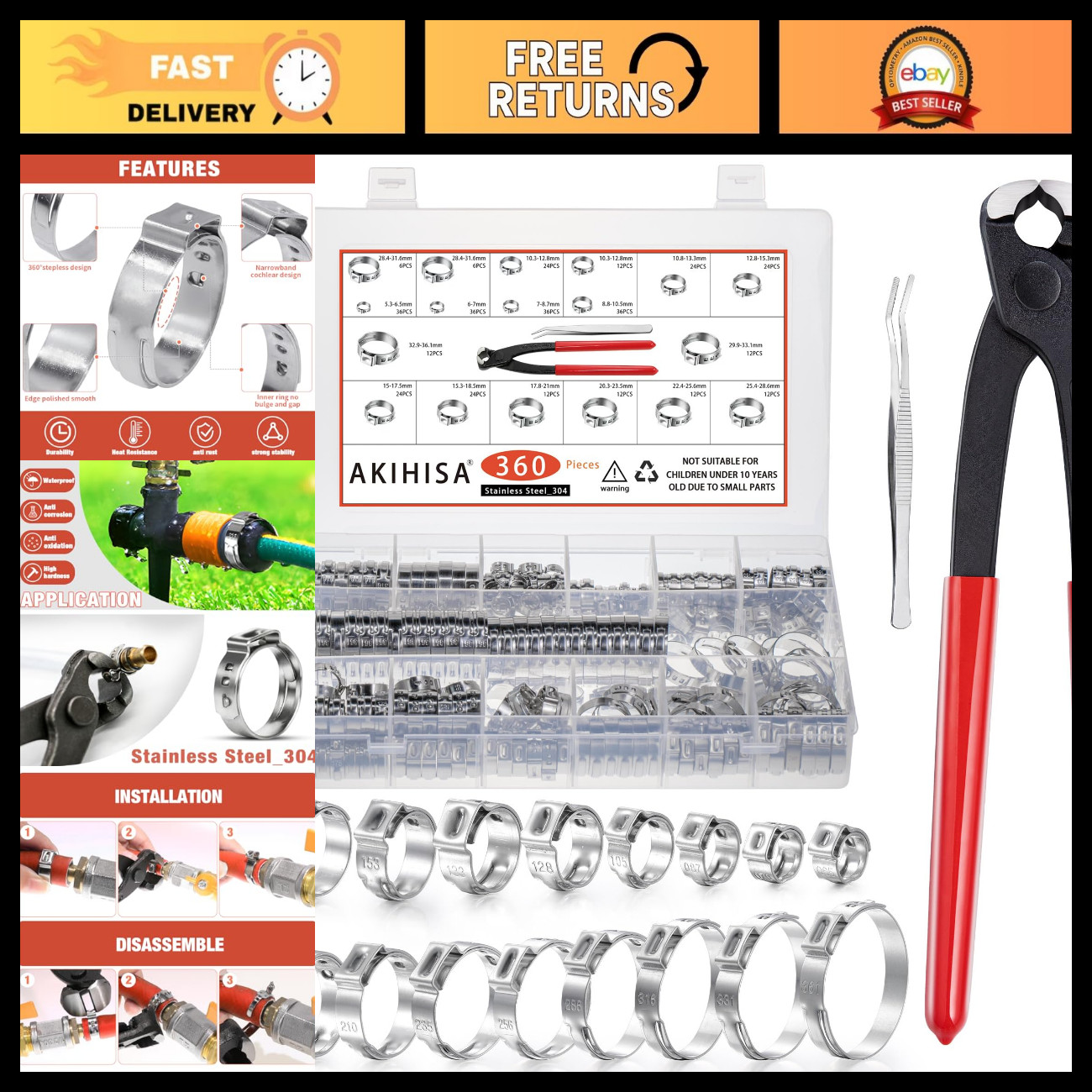 360Pcs Stainless Steel Hose Clamps Assortment Kit, 16 Sizes 5.3-36.1mm, Plier In 360Pcs Stainless Steel Hose Clamps Assortment Kit, 16 Sizes 5.3-36.1mm, Plier In