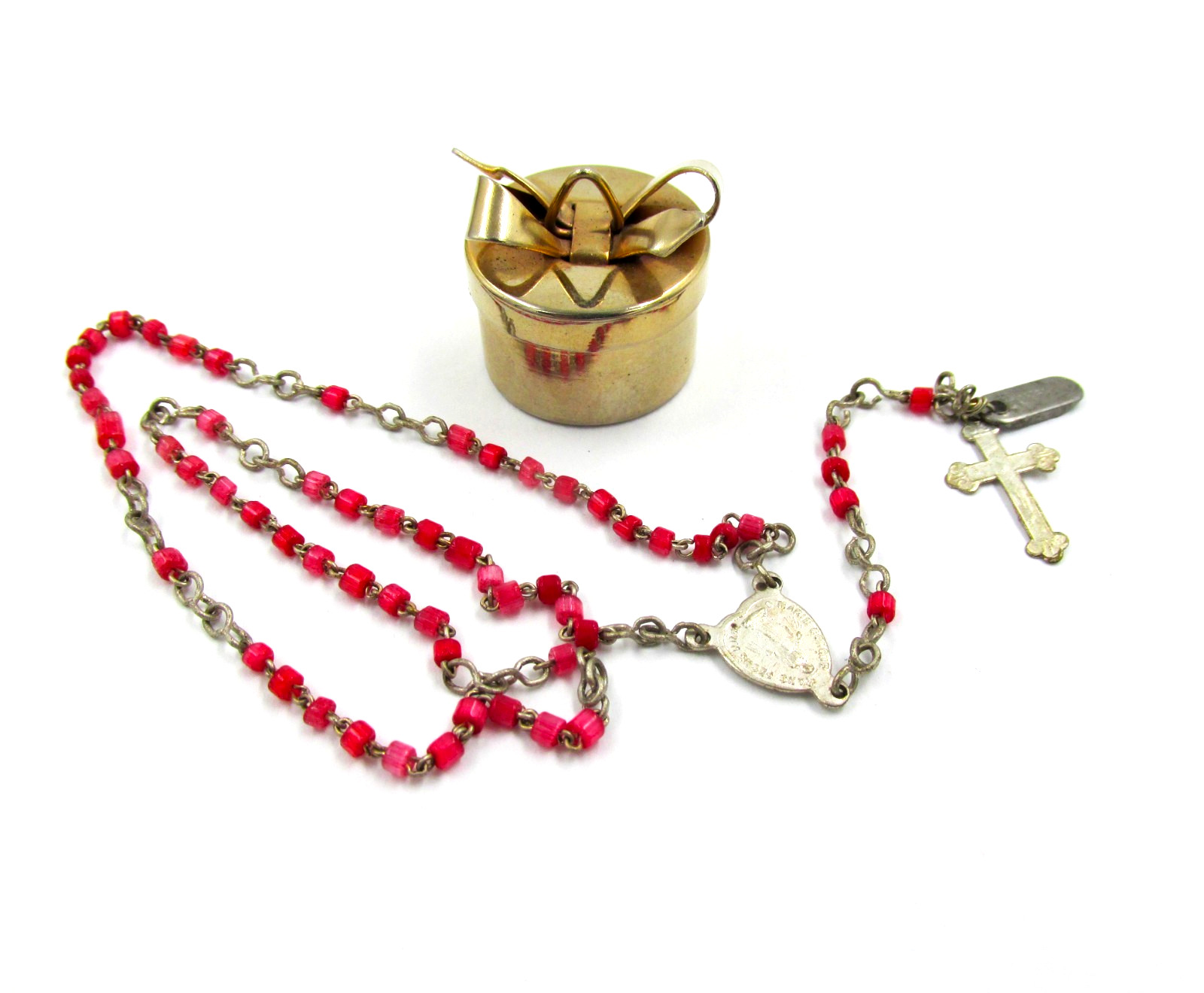 Vtg French Mini Travel Rosary Red Glass Beads Brass Bow Presentation Box Pendant