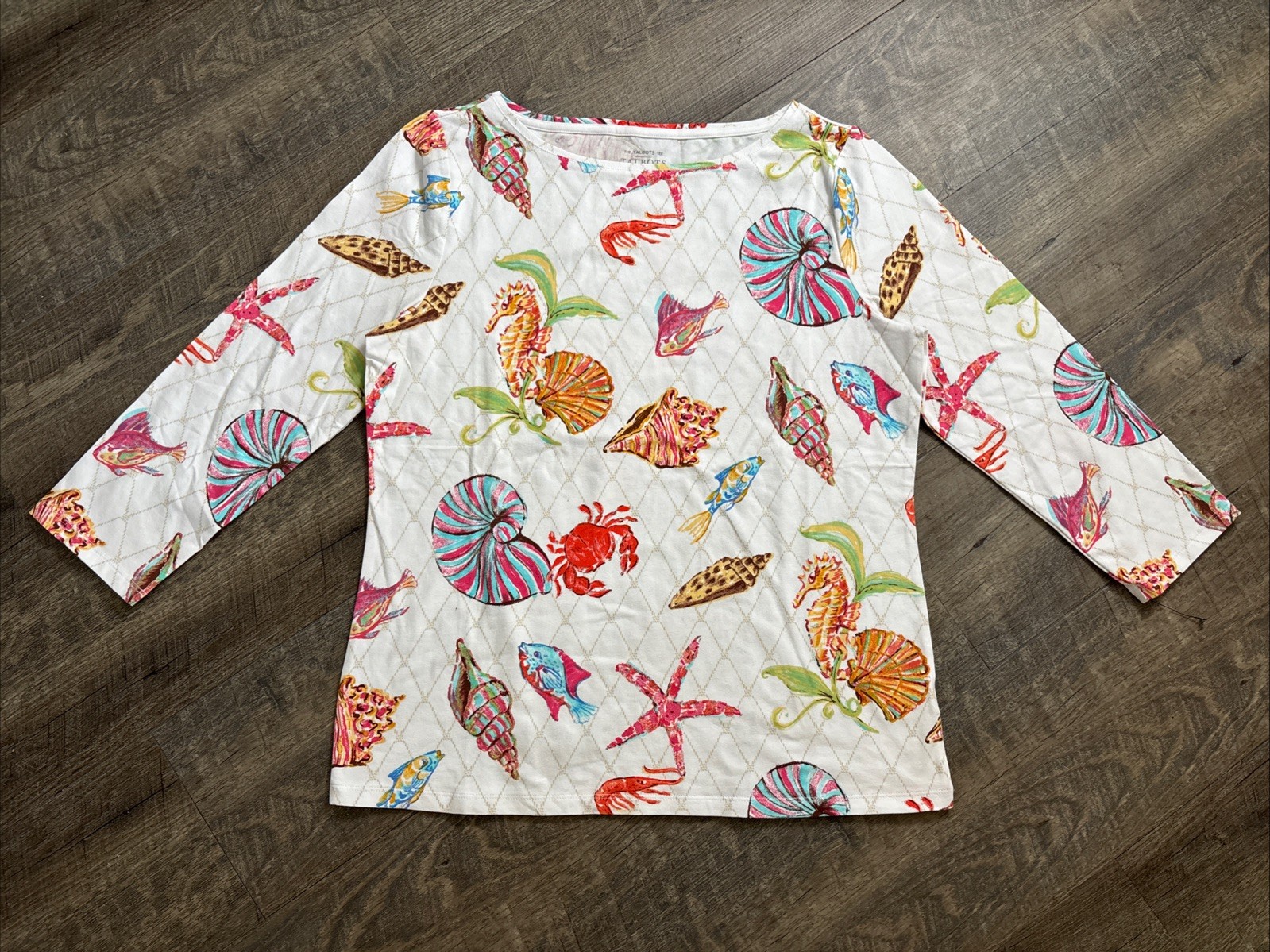 Talbots Bateau Neck Tee T Shirt Size Large Underwater World Seahorse Fish Shells Talbots Bateau Neck Tee T Shirt Size Large Underwater World Seahorse Fish Shells