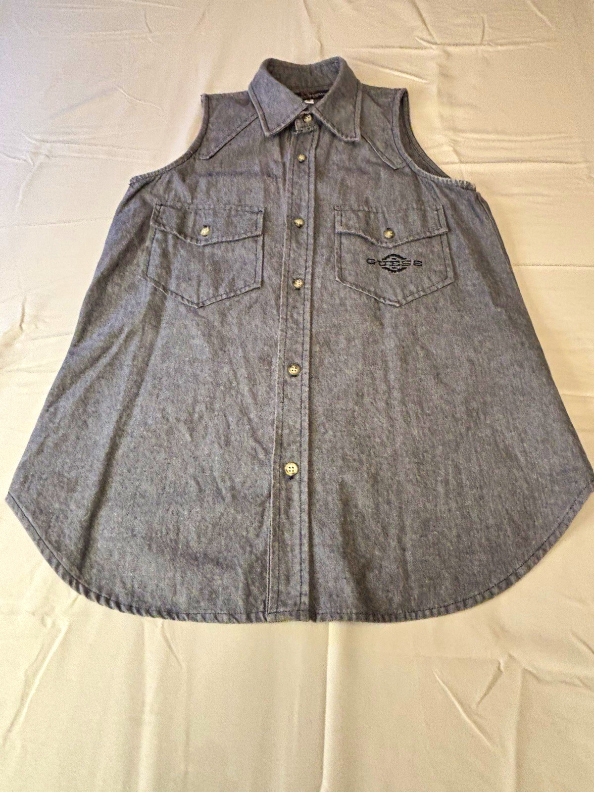 Vtg 80s GUESS Georges Marciano Sleeveless Denim Shirt S Gray Western Americana 