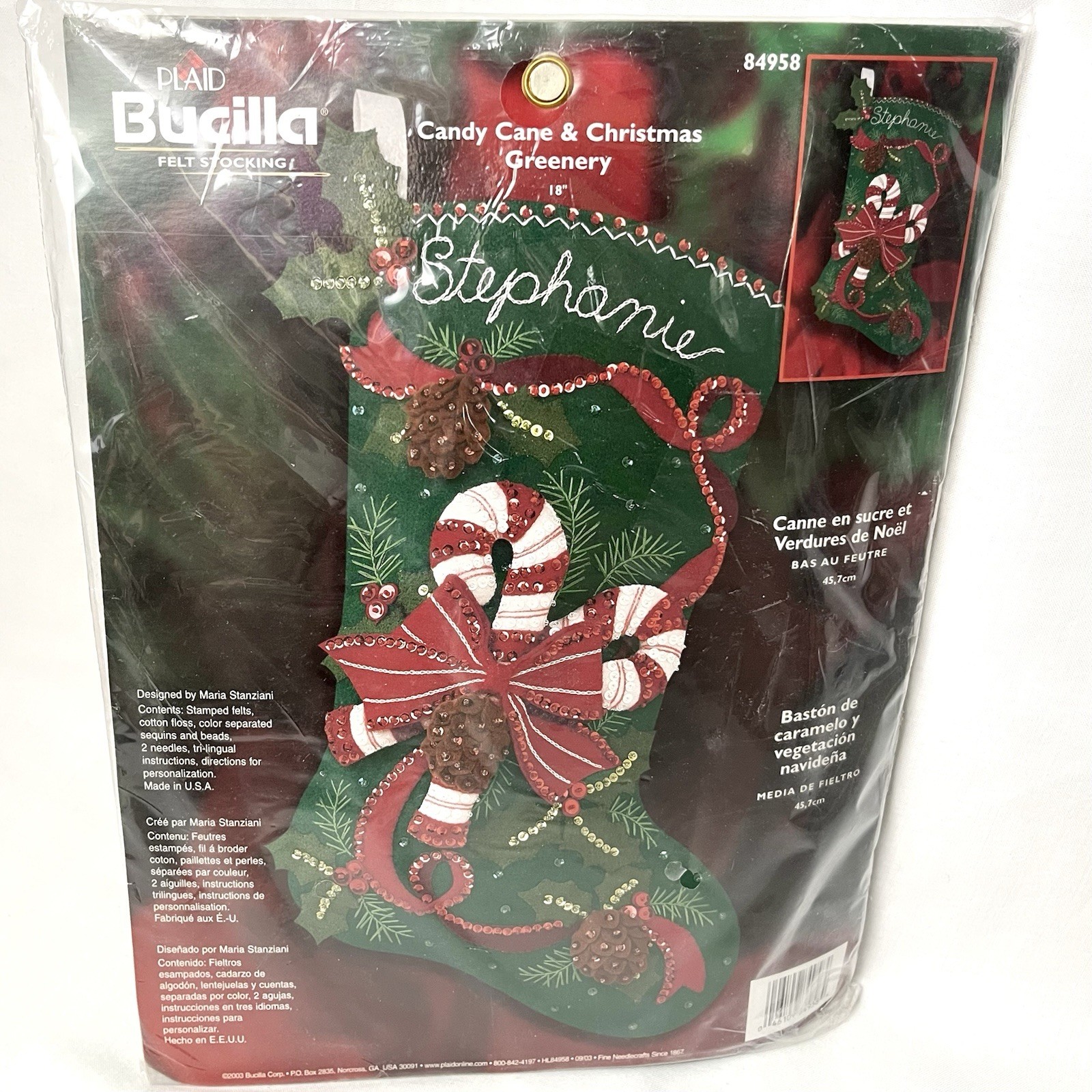 2003 Plaid Bucilla Candy Cane & Christmas Greenery Felt Stocking Kit Craft 84958