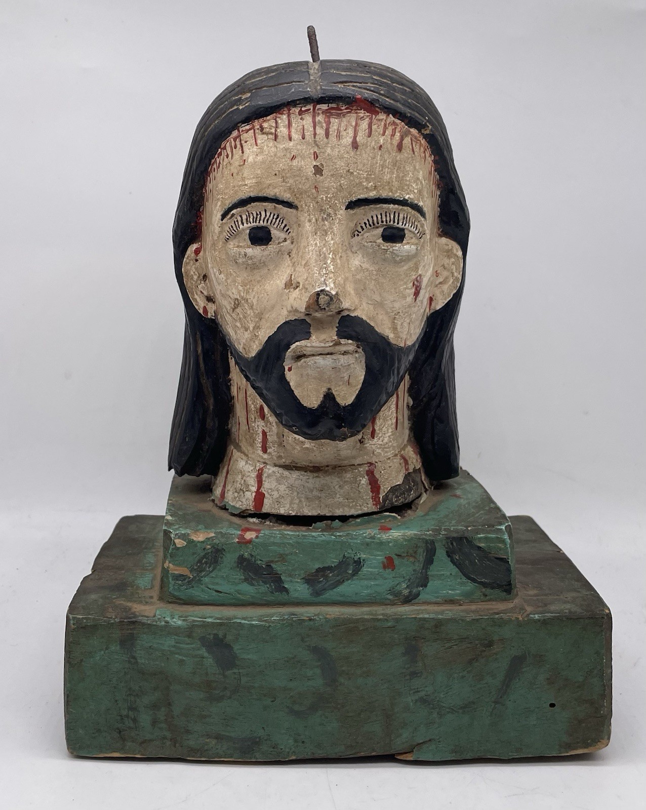 Antique Spanish Colonial 19th C. Wood Carved Christ Bust Polychrome Jesus Santo
