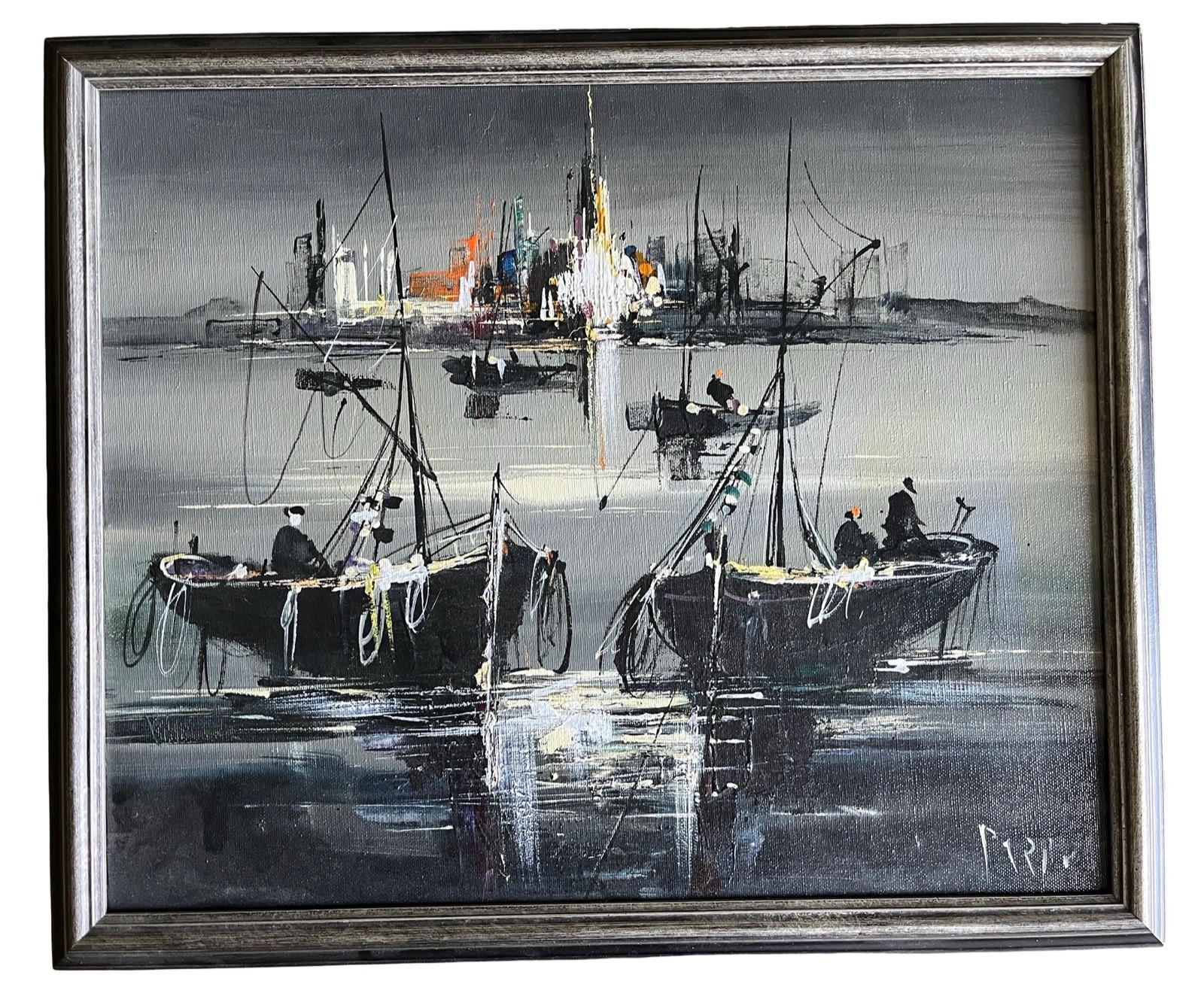 Vintage MCM Abstract Expressionist Oil Painting Red Harbor Boats Ships Horizon