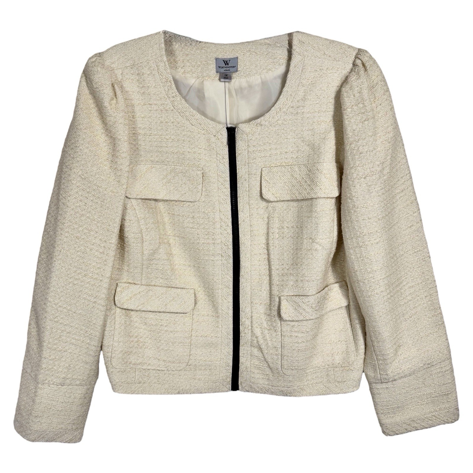 NWT Worthington Boucle Tweed Blazer Size 1X Cream Ivory Gold Full Zip Jacket