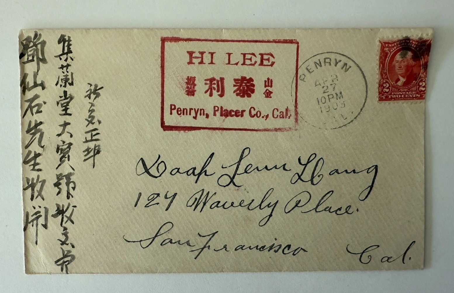 1903 Hi Lee Chinese Merchant Penryn Placer Co California Postal Cover 2c