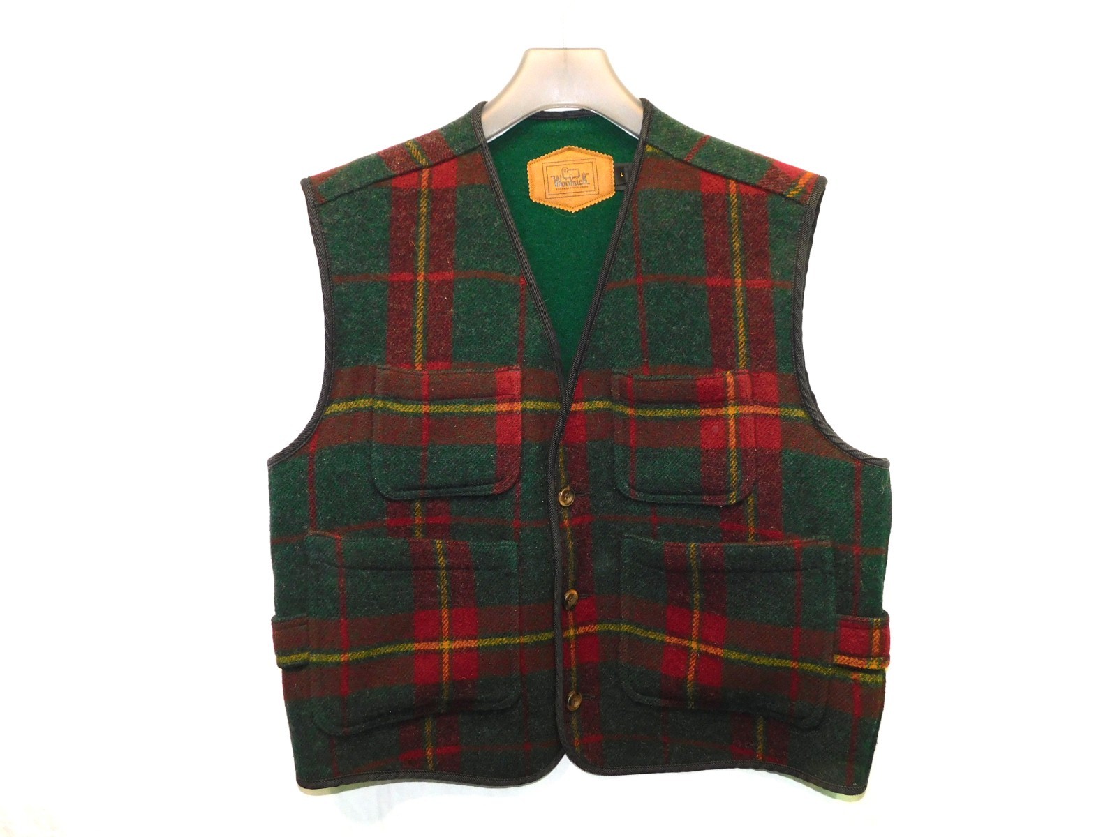 Vintage Woolrich L Red Green Wool Tartan Plaid Vest 4 Front Pockets USA Made Men