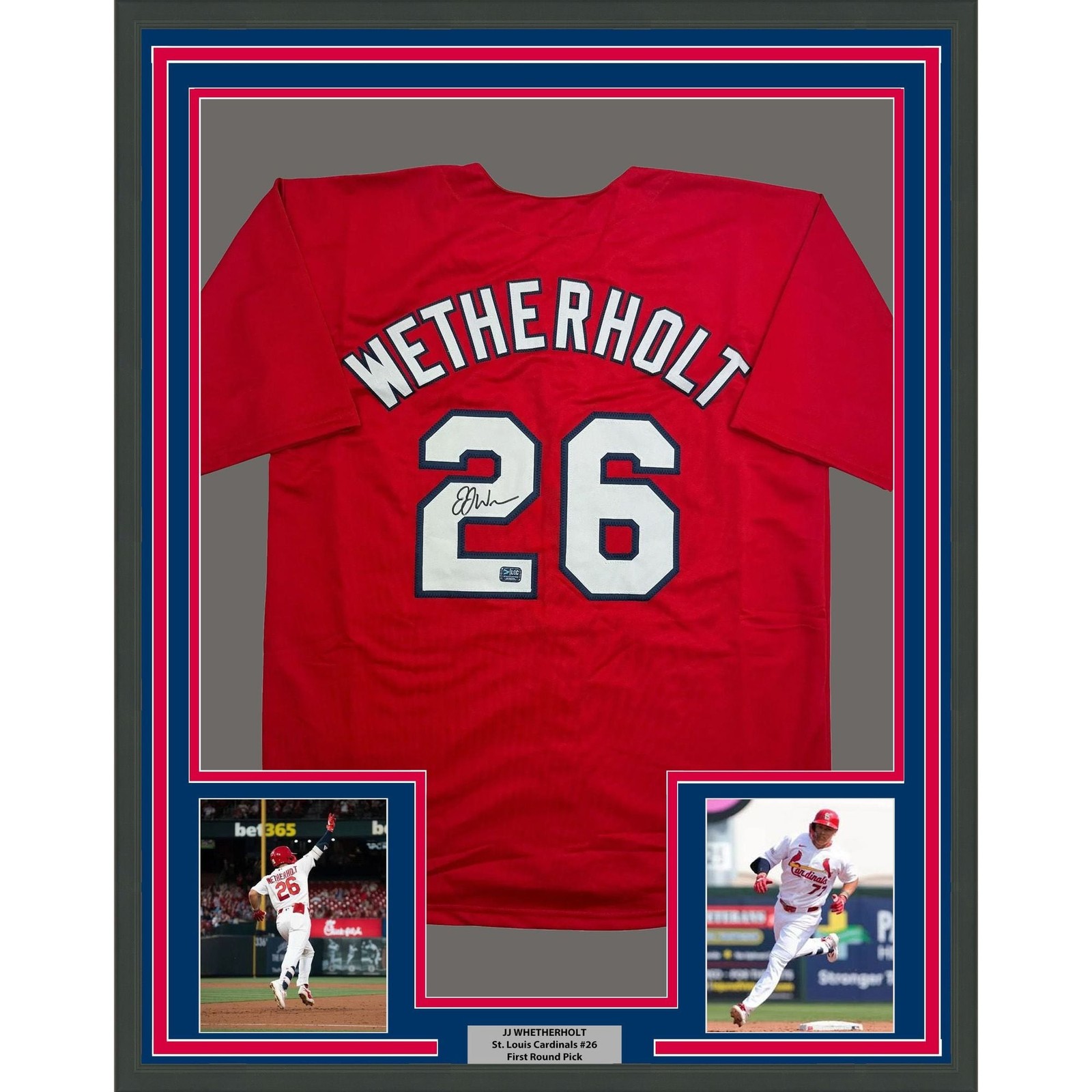 Framed Autographed/Signed JJ Wetherholt 35x39 STL Red Jersey LCG Prova COA