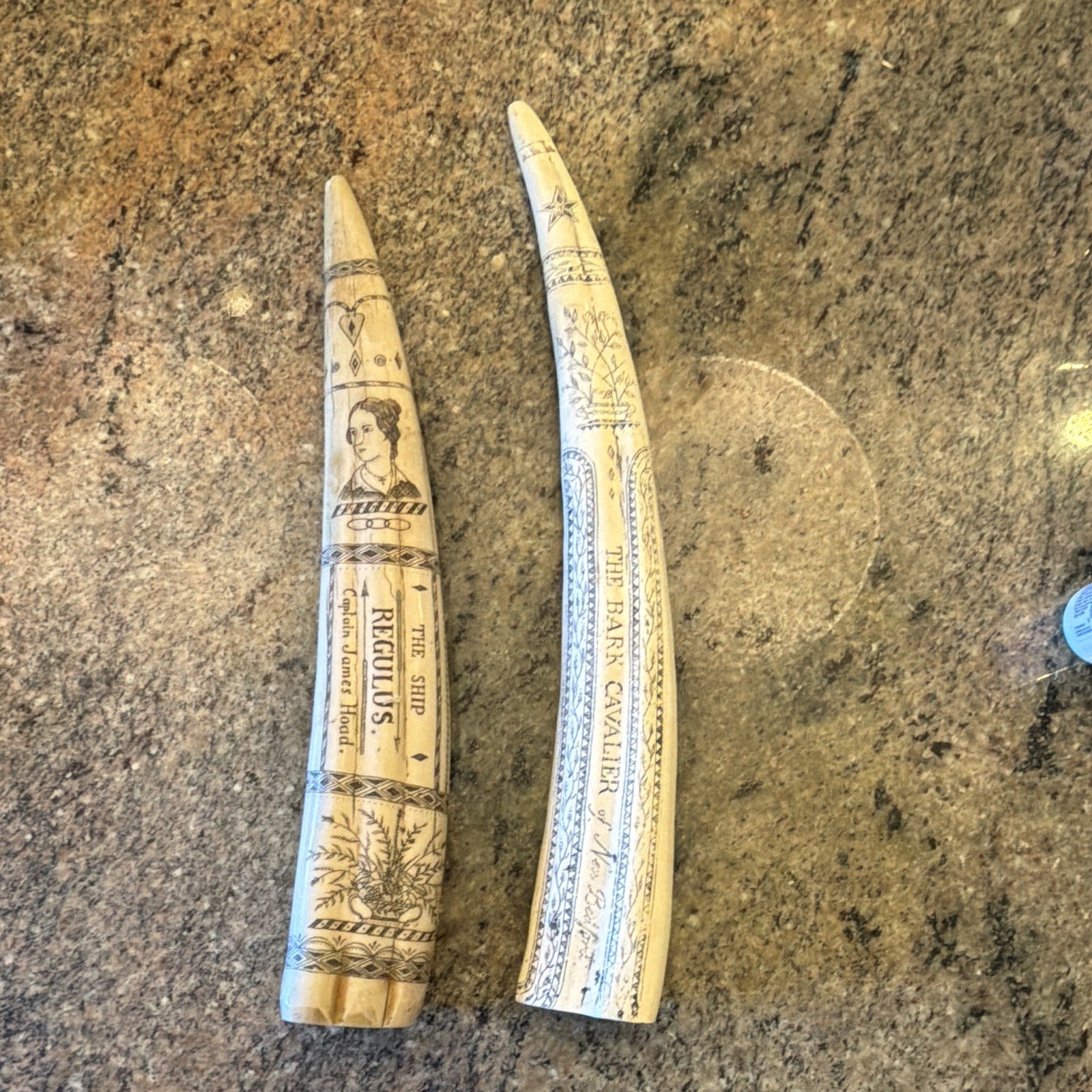 Captain James Hood Vintage Reproduction Scrimshaw Bone Walrus Tusk, Set of 2
