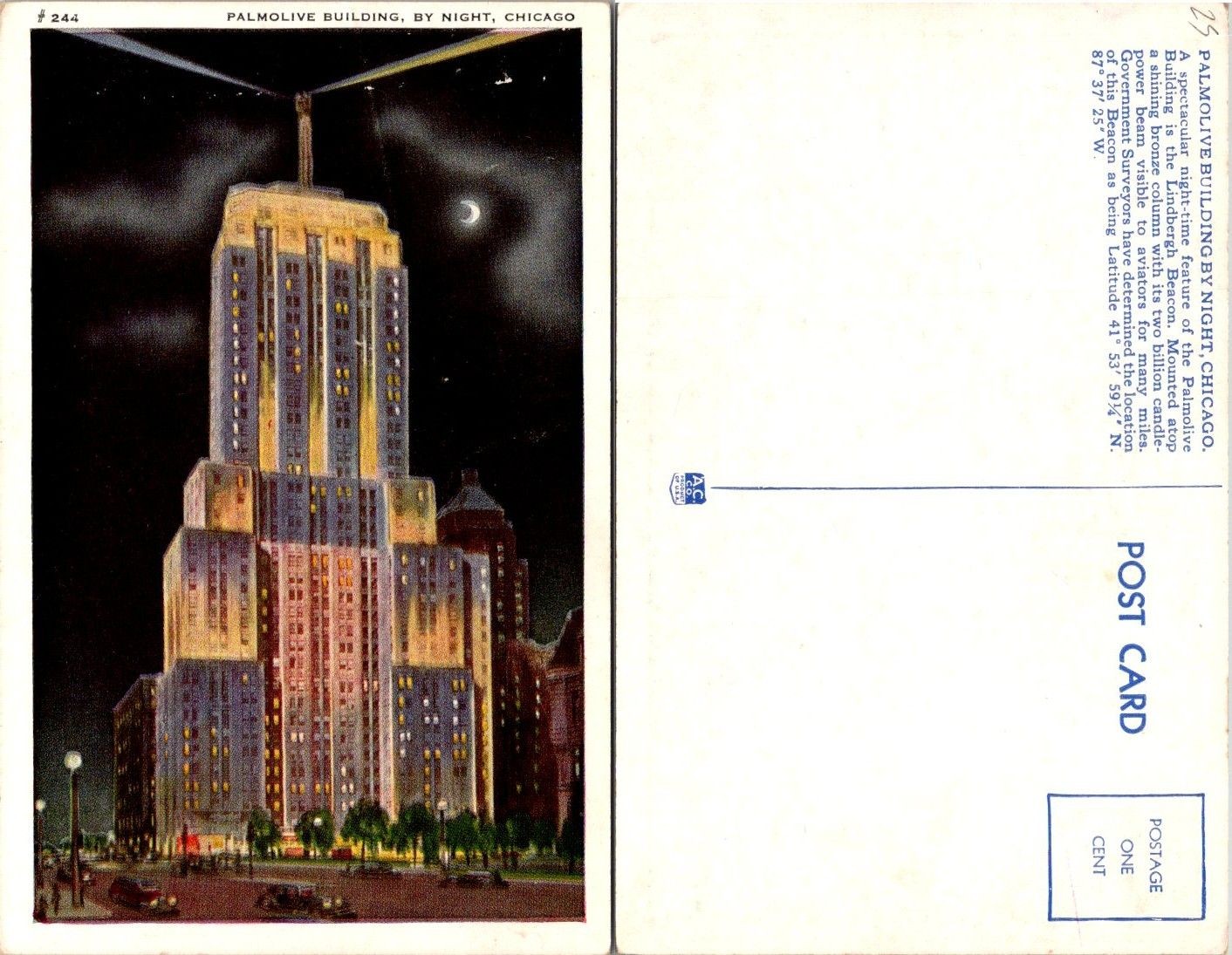 Palmolive Building Chicago Night Postcard Unposted Vintage Art Deco Skyscraper