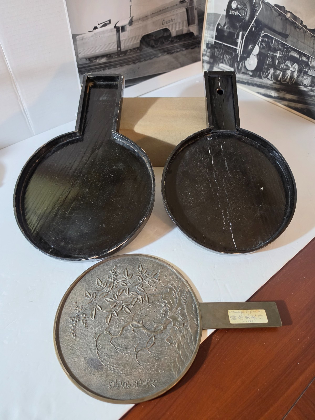 Antique Japanese Bronze Hand Mirror Signed Fujiwara Mitsunaga Late Edo Period
