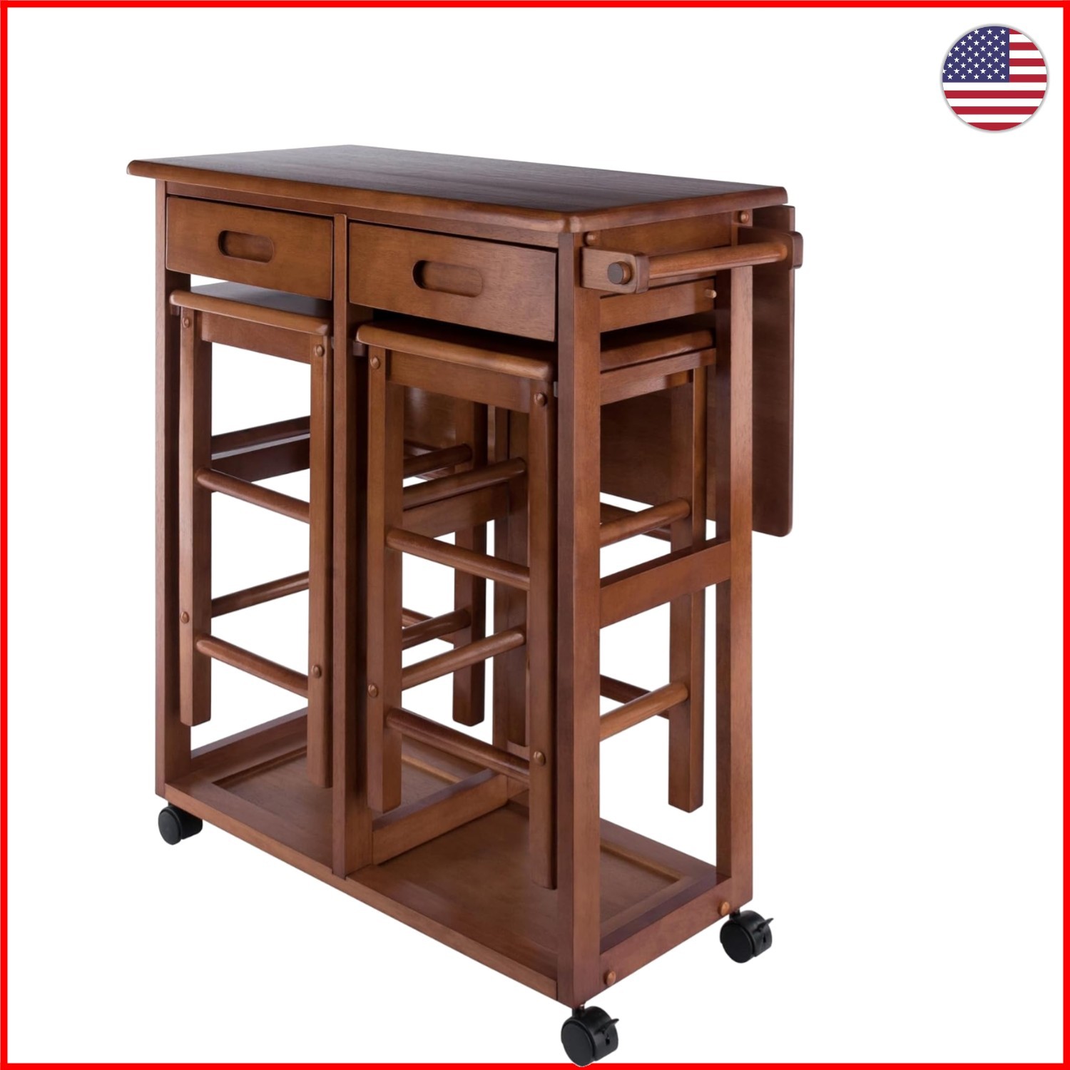 Stylish Teak Kitchen Cart with Drop Leaf Table & Two Stools - Perfect for Dorms