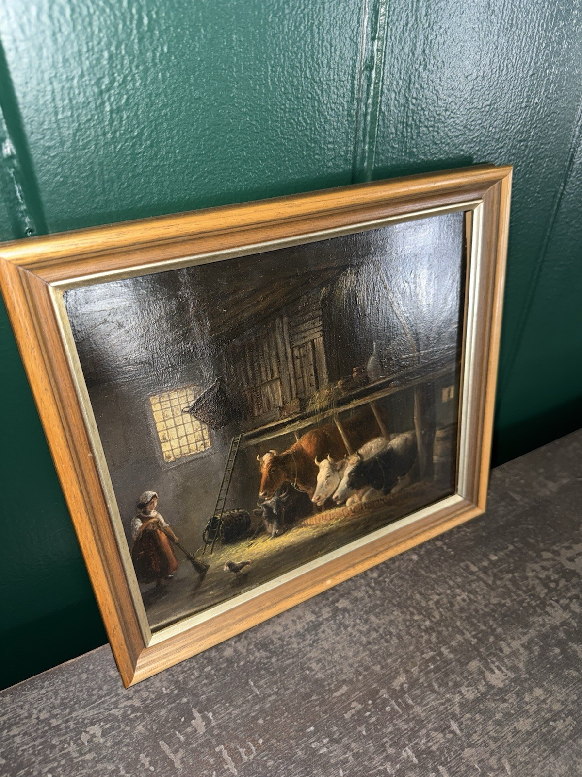 Antique Dutch Oil Painting with Cows, Original Artwork, Dark Moody Farmhouse