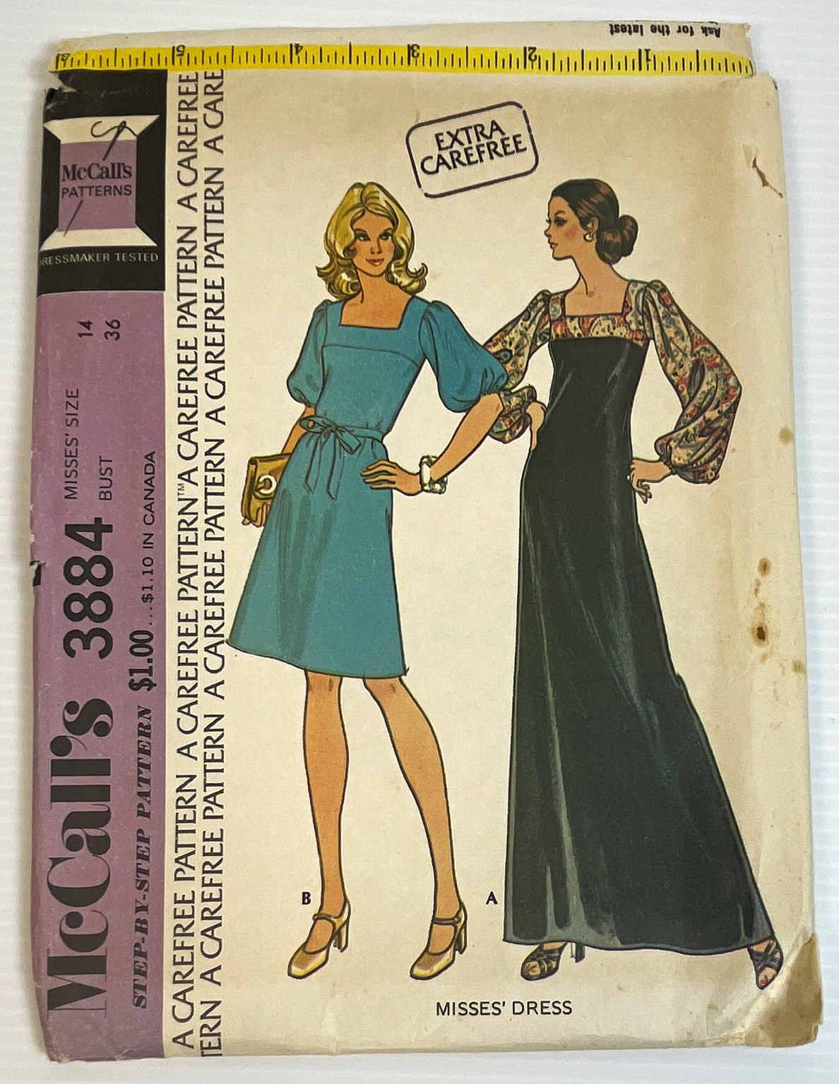 McCall's VTG Original 1970s Sewing Pattern 3884 Misses Carefree Dress Sz 14 McCall's VTG Original 1970s Sewing Pattern 3884 Misses Carefree Dress Sz 14