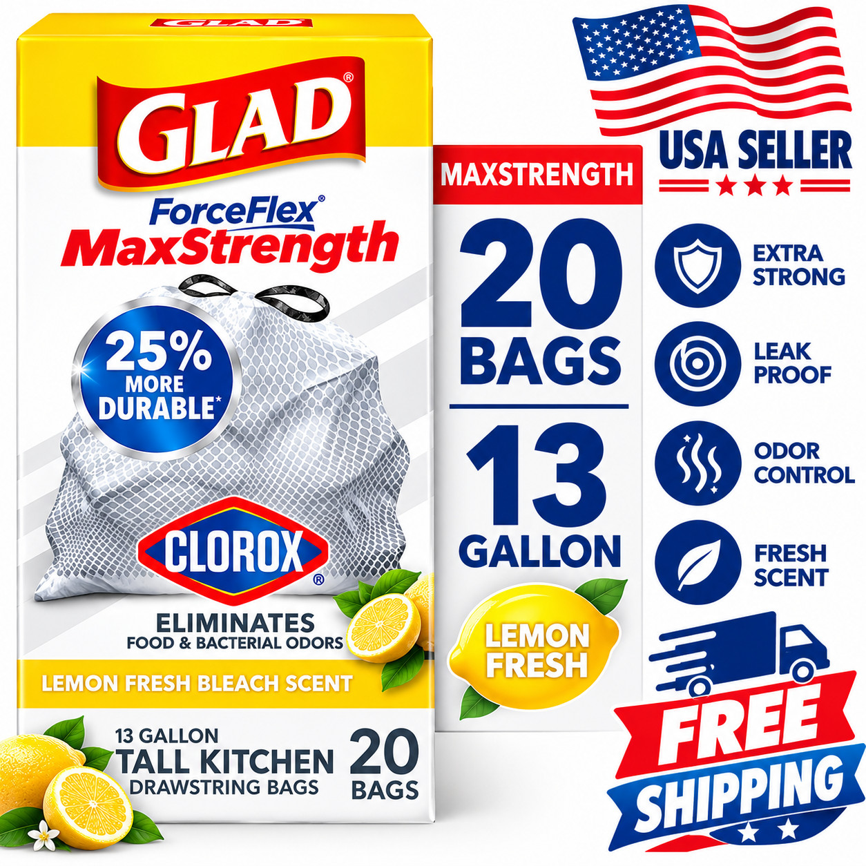 Glad ForceFlex MaxStrength 13-Gallon Kitchen Trash Bags Lemon Fresh Scent 20 Bag Glad ForceFlex MaxStrength 13-Gallon Kitchen Trash Bags Lemon Fresh Scent 20 Bag