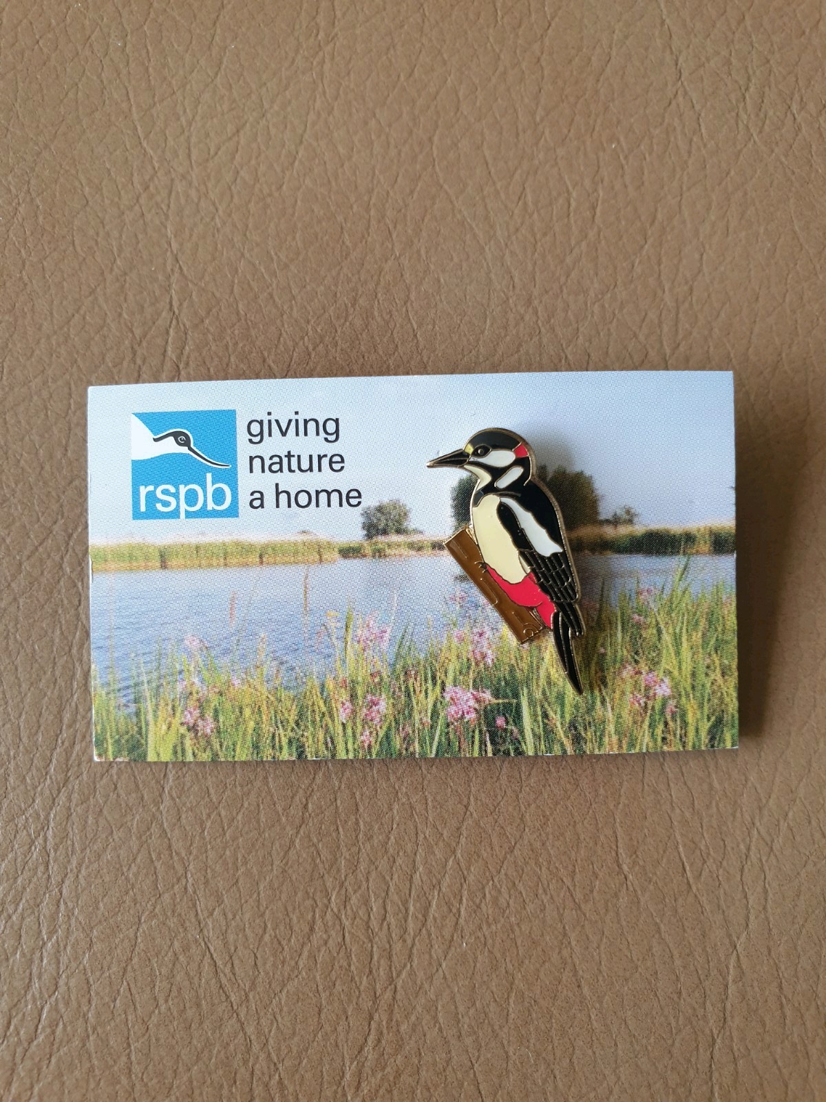 RSPB Great Spotted Woodpecker Enamel Pin Badge On Minsmere Picture Card, Bird