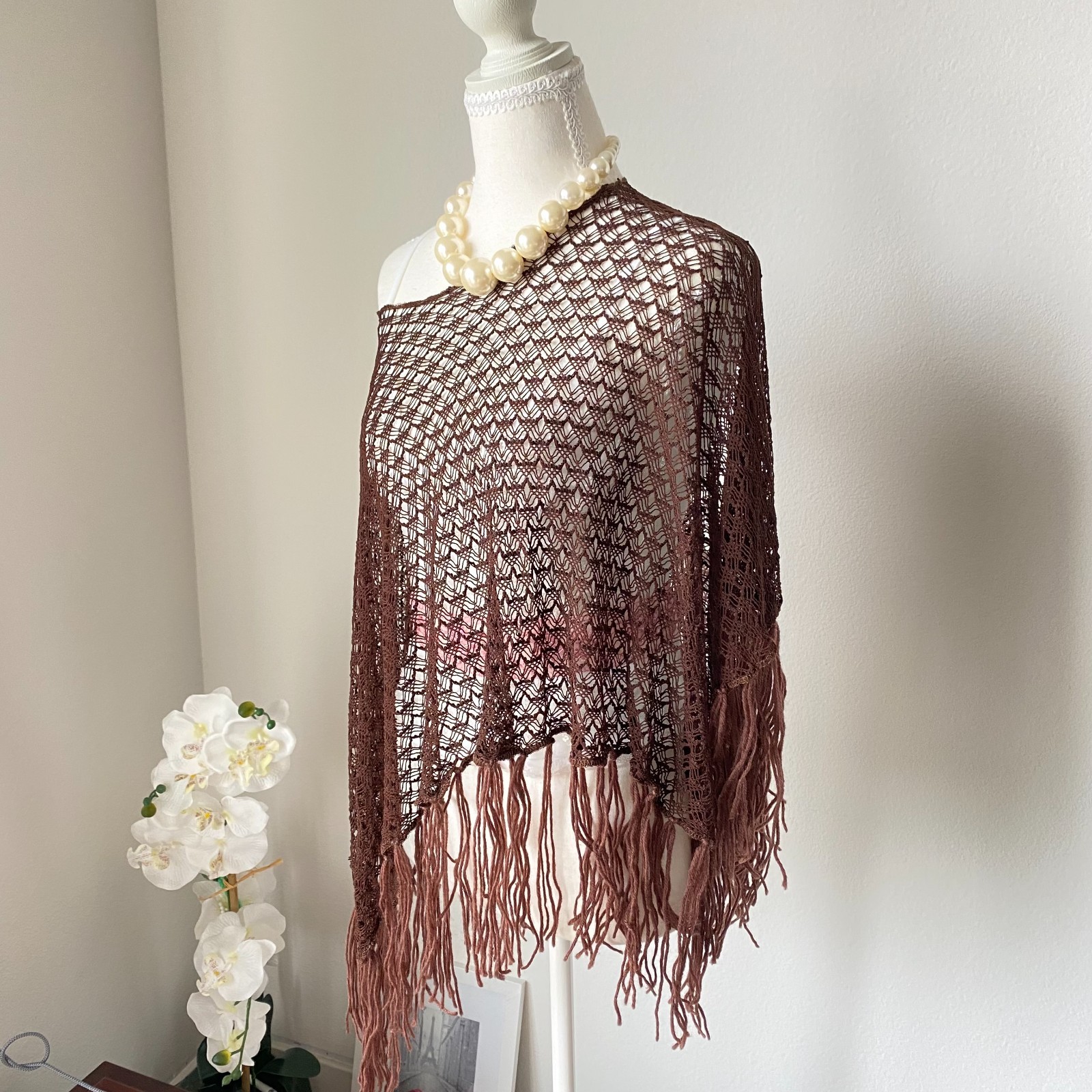 Vintage Vibe Brown Crochet Fringe Poncho / Shawl One Size