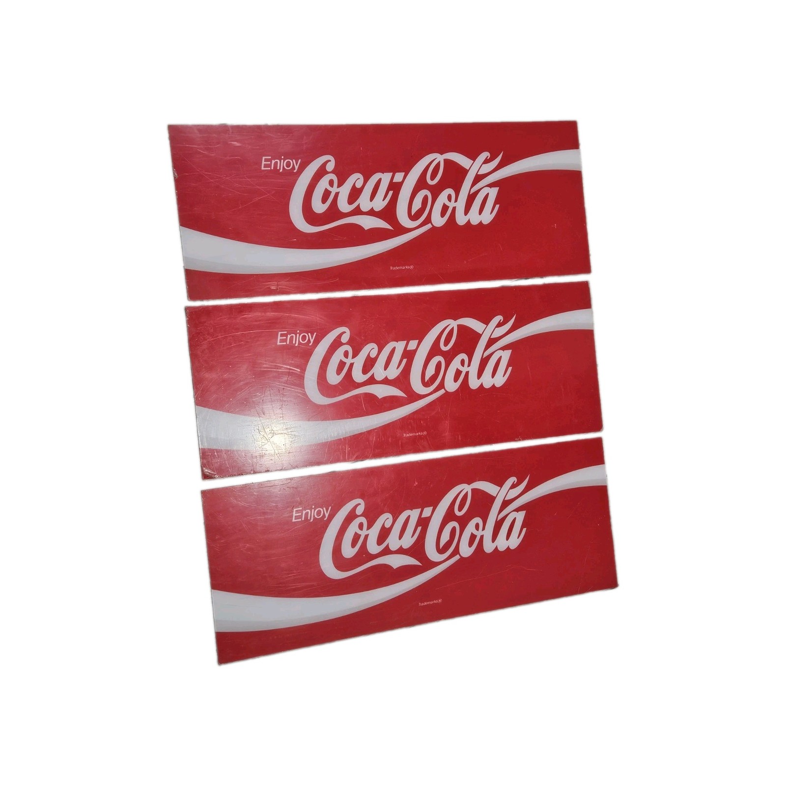 Vintage Fiberglass Coca-Cola VendingMachine Signs (3) Length:22 in Width:8.5 in Vintage Fiberglass Coca-Cola VendingMachine Signs (3) Length:22 in Width:8.5 in