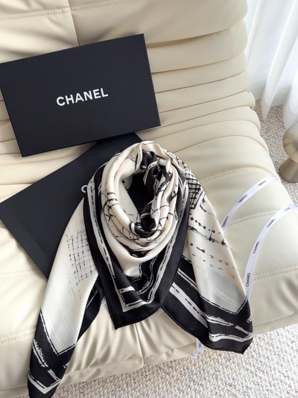 CHANEL Black White Silk Scarf Square Shawl CC Logo 140x140cm