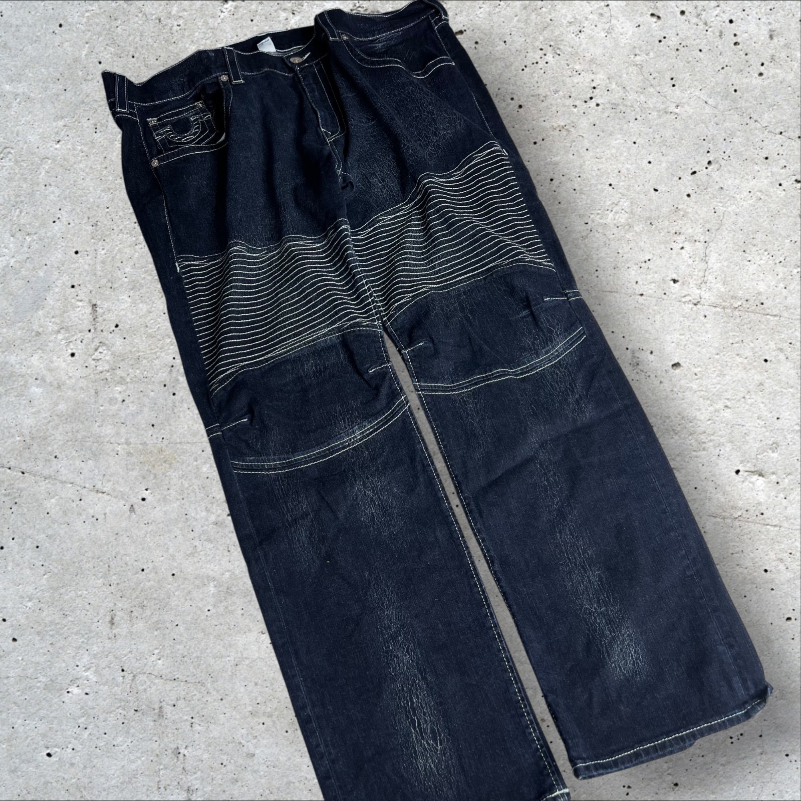 Vintage 90s Y2K True Religion Men Moto Jeans Dark Denim Embroidered Stitch Blue