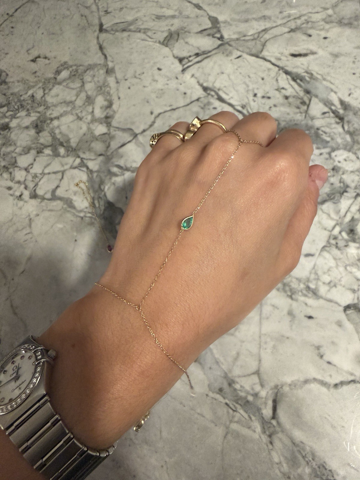 14k Yellow Gold Hand Chain with Colombian Emerald Bezel Detail - Stunning 14k Yellow Gold Hand Chain with Colombian Emerald Bezel Detail - Stunning