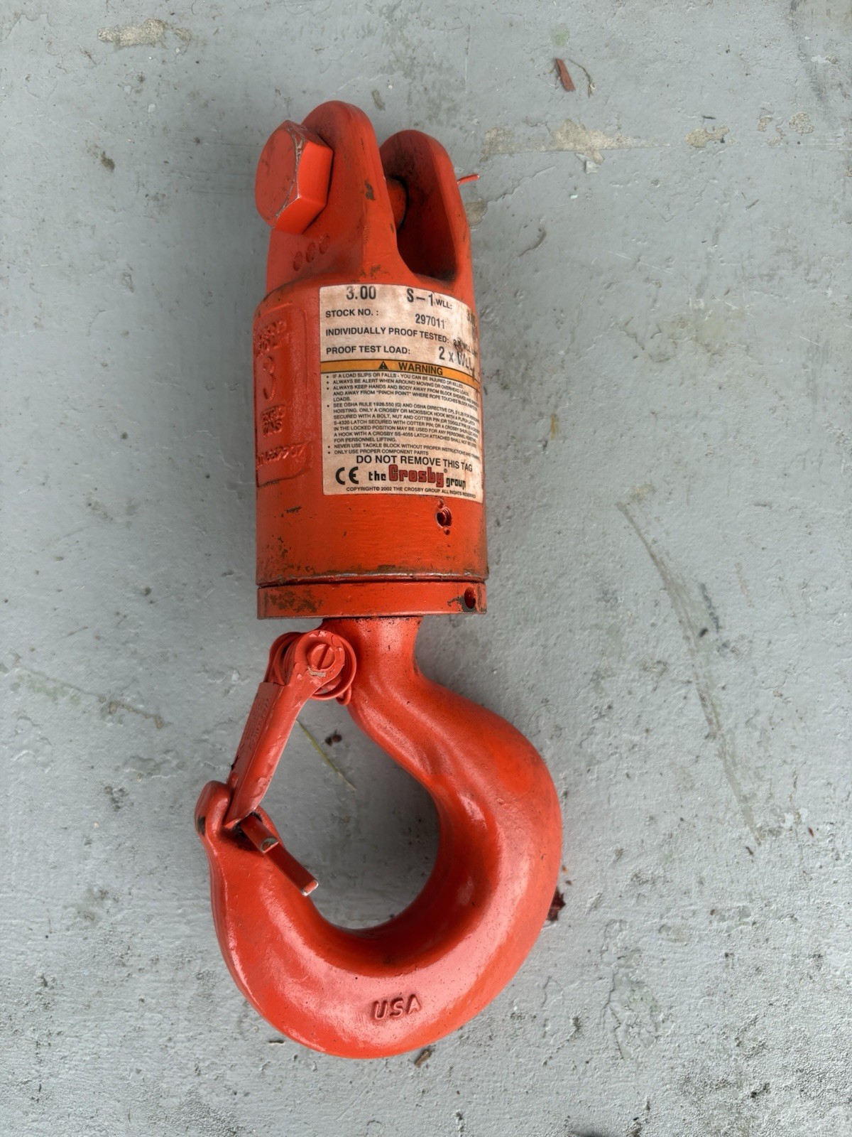 CROSBY 3-S-1 3.00 Ton ROLLER BEARING JAW SWIVEL HOOK CROSBY 3-S-1 3.00 Ton ROLLER BEARING JAW SWIVEL HOOK
