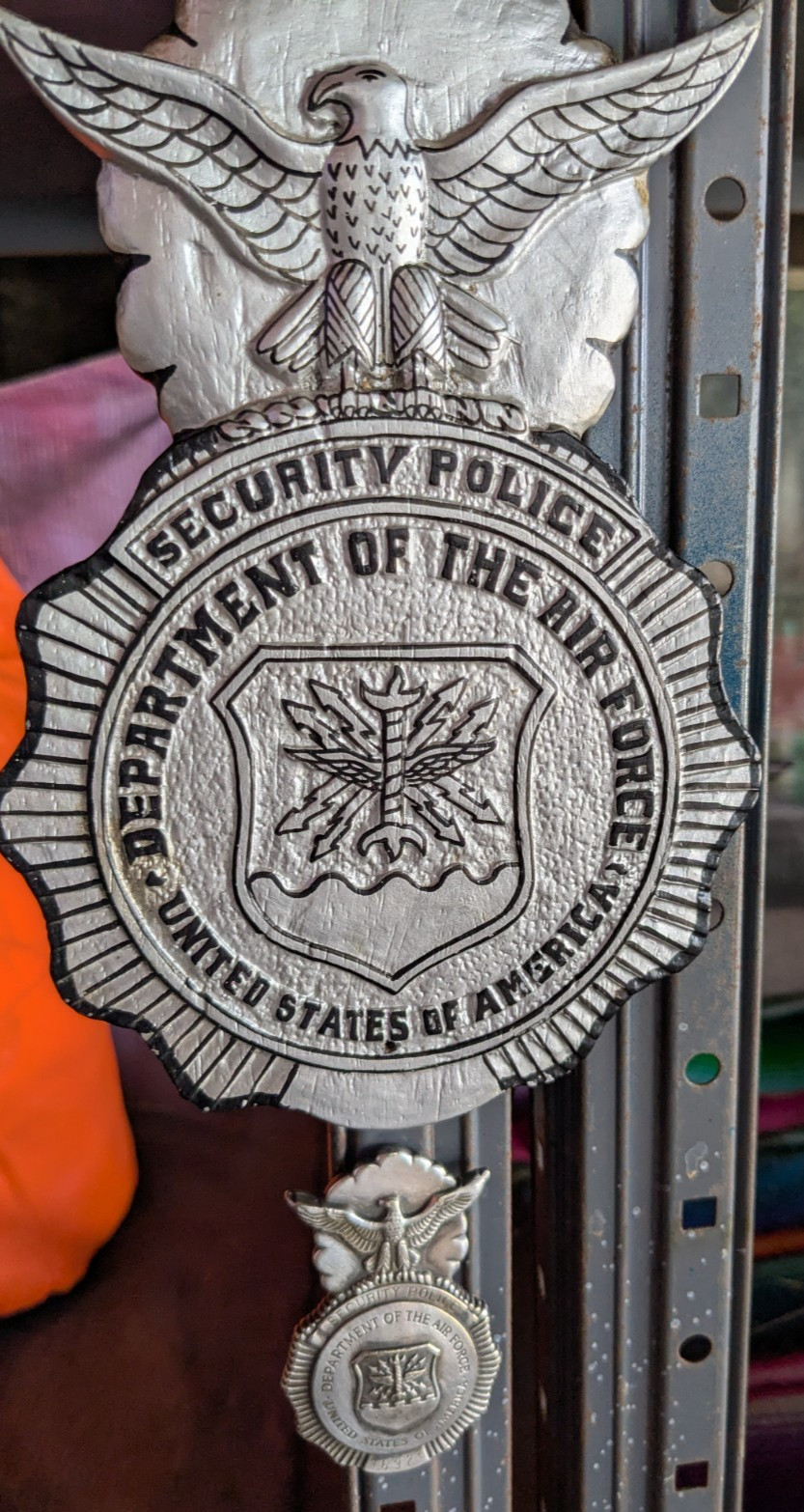 USAF Air Force Security Wood badge Art and one full size metal badge USAF Air Force Security Wood badge Art and one full size metal badge
