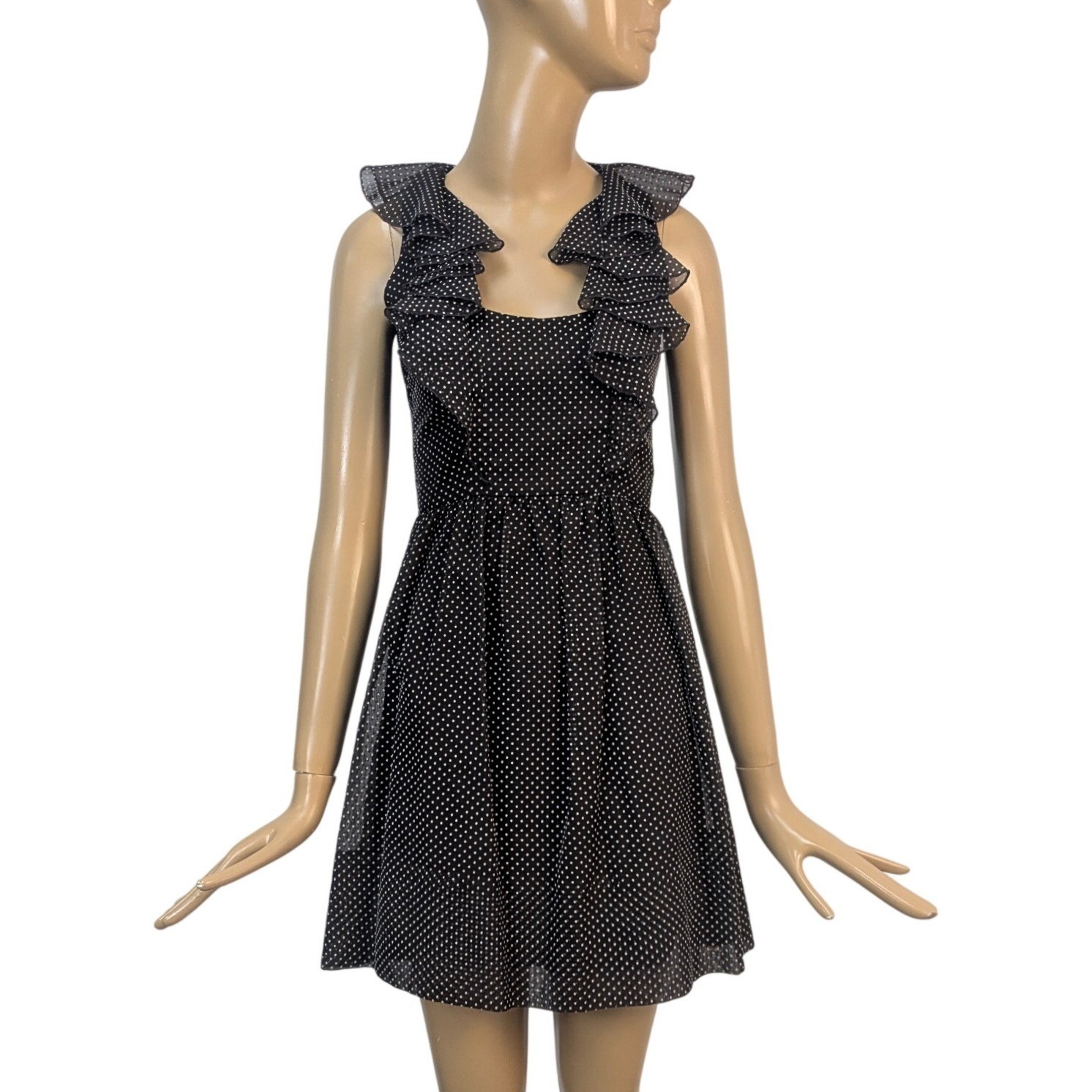 Vintage Rodrigues 60s Mod Brown Polka Dot Ruffle Neck A-Line Mini Dress