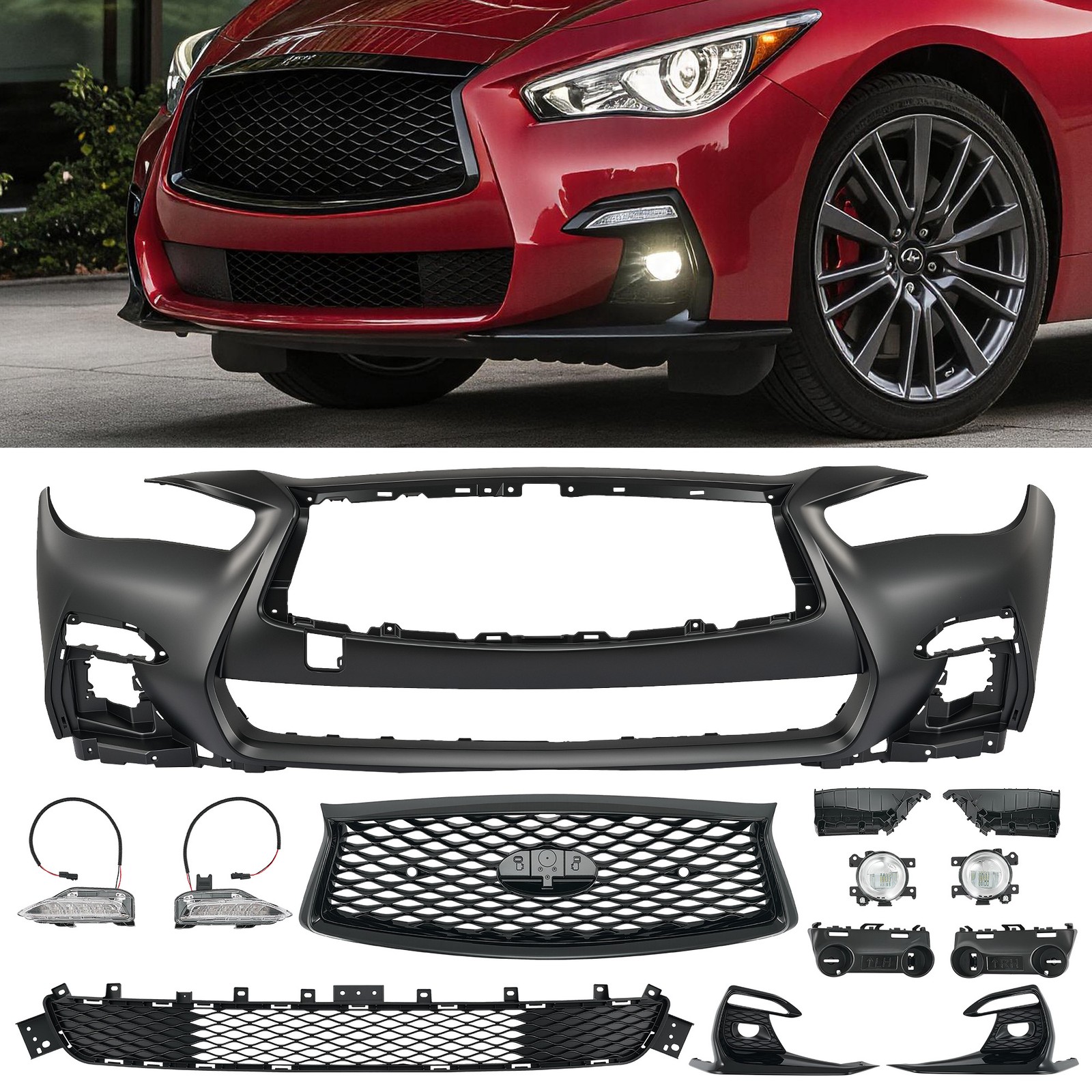 5/13 PC Front Bumper Grille Set For 2018-2024 Infiniti Q50 Sport W or W/O Sensor