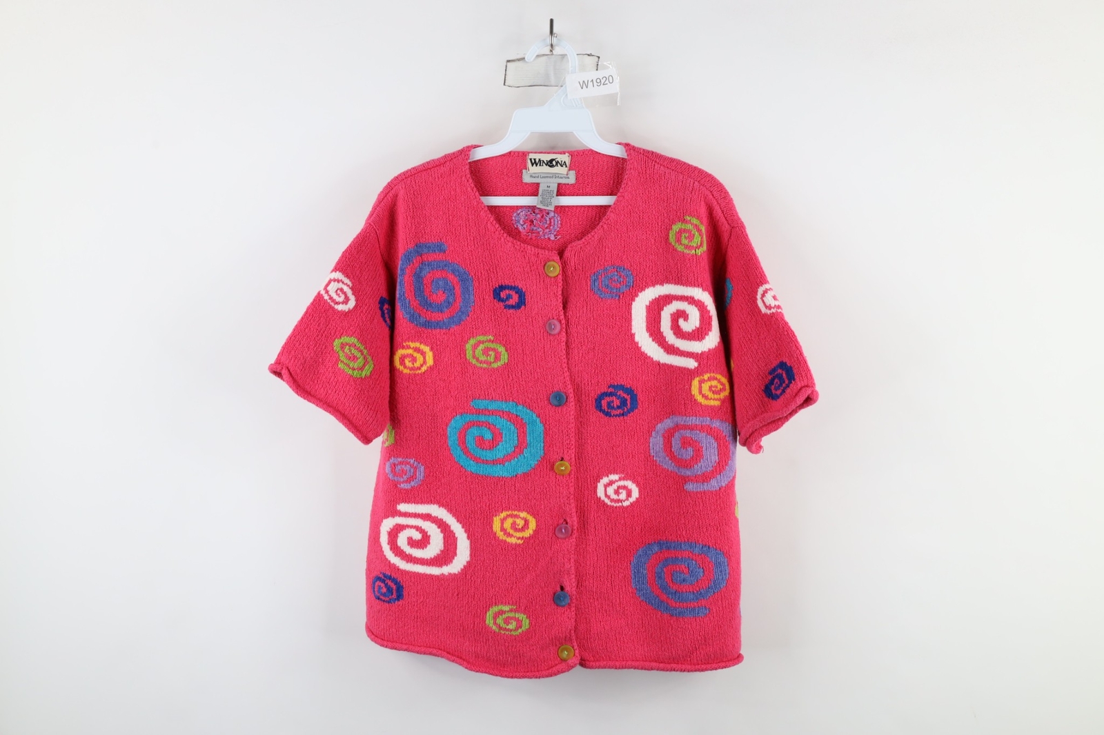 Vintage 90s Streetwear Womens Medium Hand Loomed Intarsia Swirl Cardigan Sweater