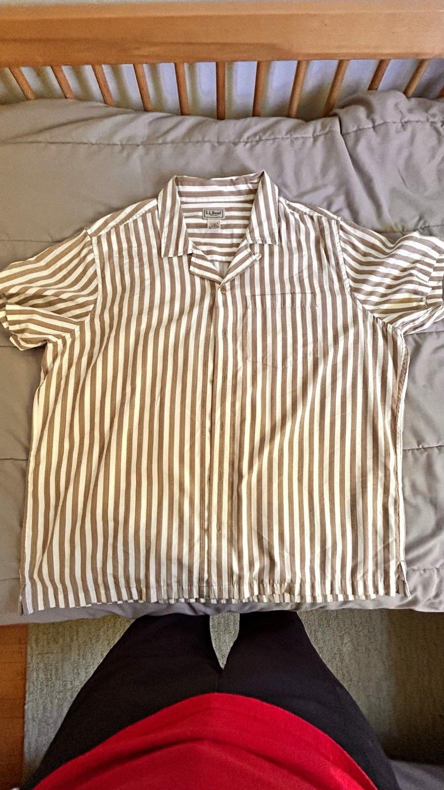 L.L.Bean Men\'s XL Regular Brown/White Striped Short Sleeve Button-Up Pocket