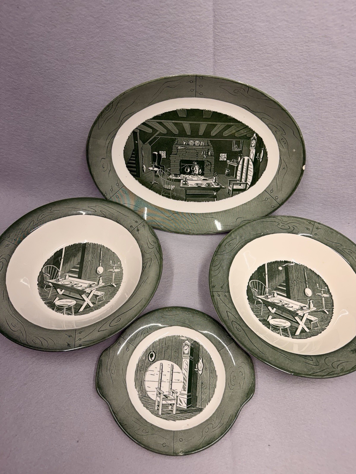 Vintage Royal China Colonial Homestead Green Serving Set 4 Pieces Platter Bowls