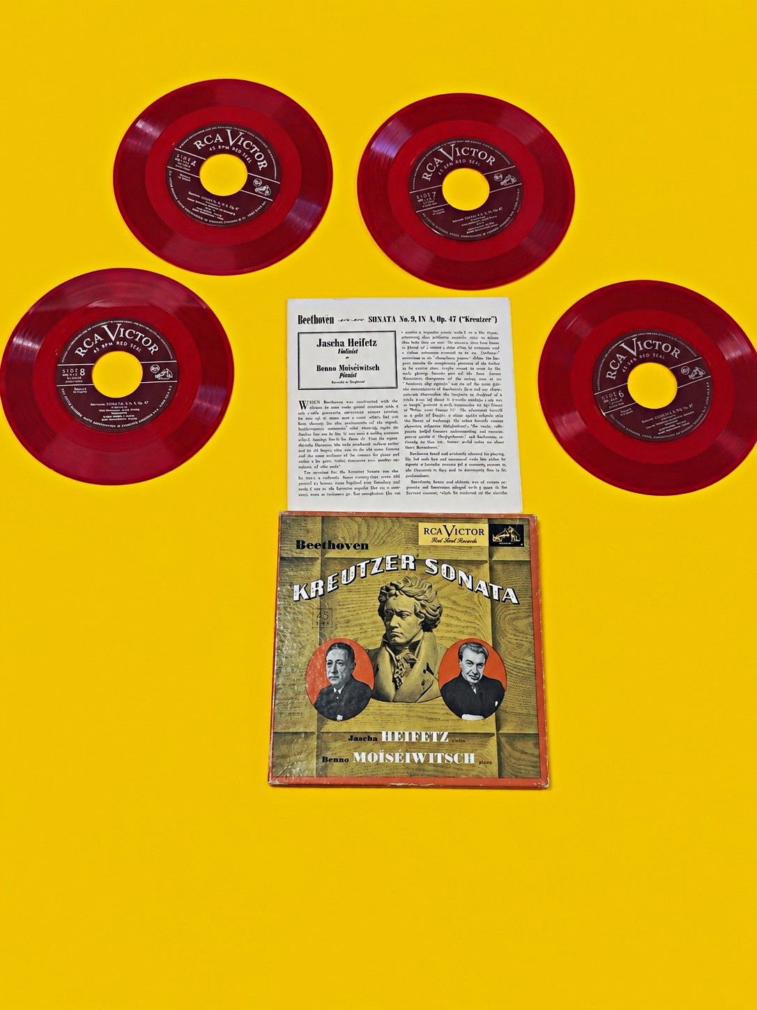 Beethoven Kreutzer Heifetz Moiseiwitsch 4 Red Vinyl Records 45 RPM RCA WDM 1612