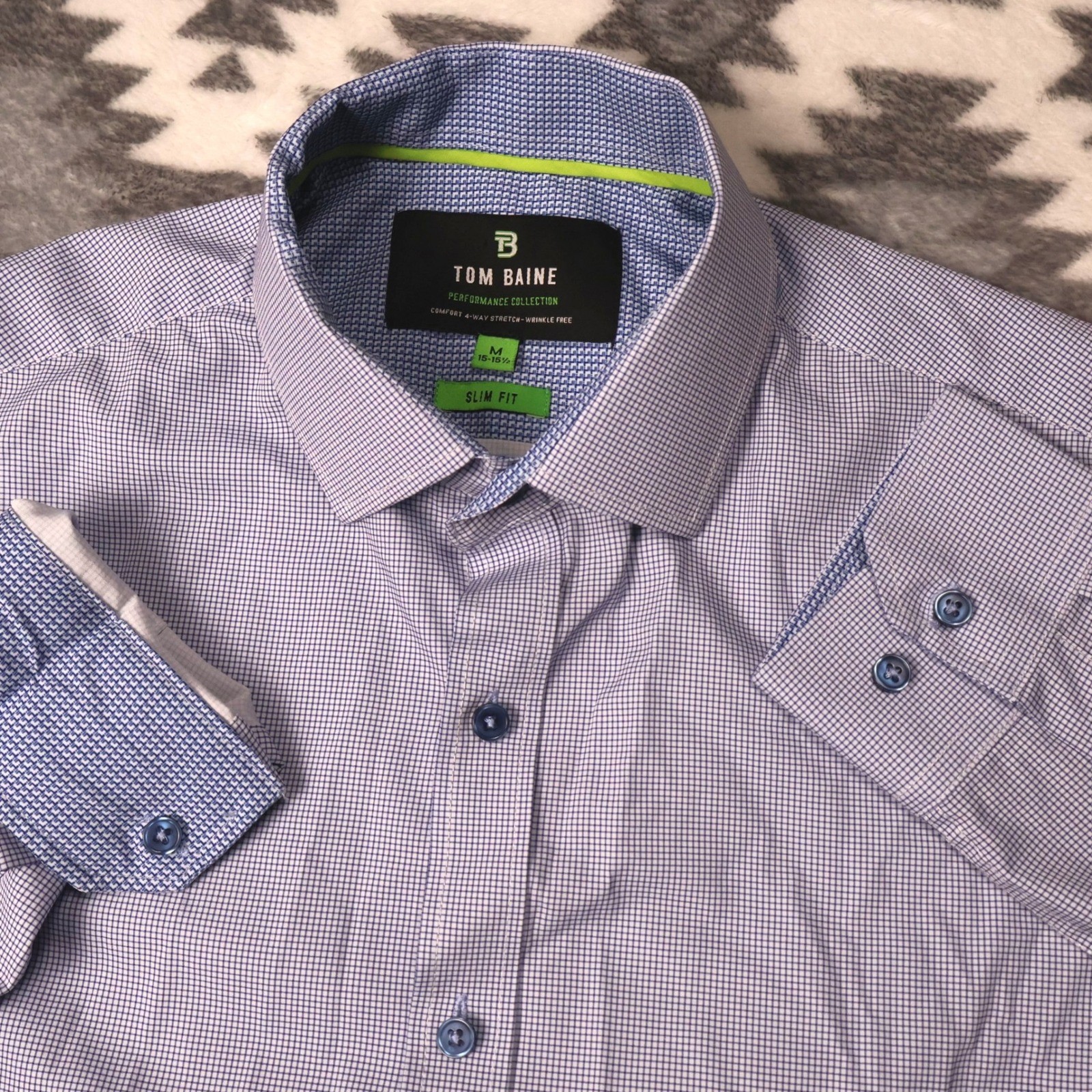 Tom Baine Slim Fit Performance Shirt Blue Micro Check M 15-15.5 Long Sleeve