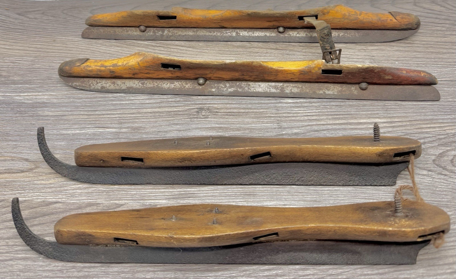 Antique Wooden Ice Skates Lot 2 Pairs Comet Curled Toe & J Nooitgedagt Primitive