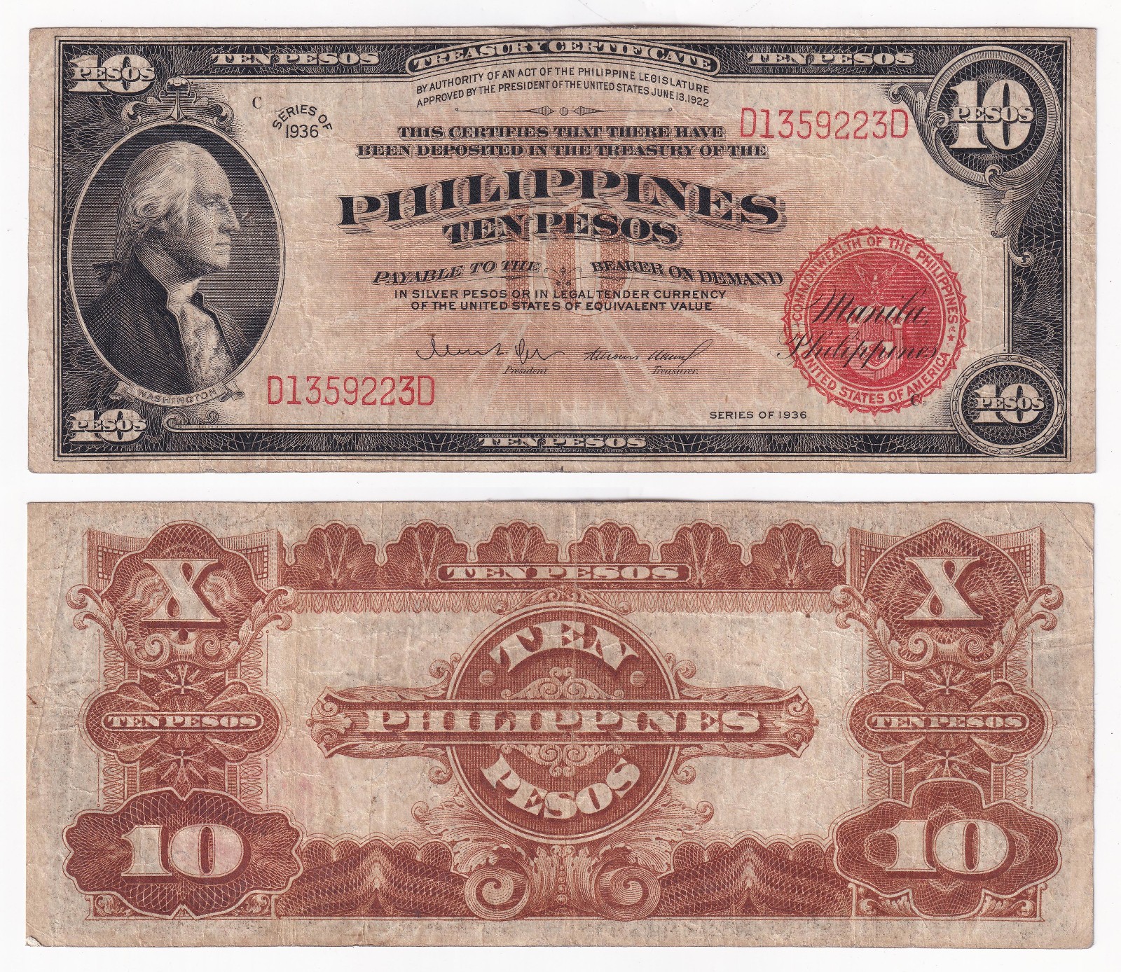 1936 US Philippines 10 Pesos Treasury Certificate Quezon  Washington Banknote