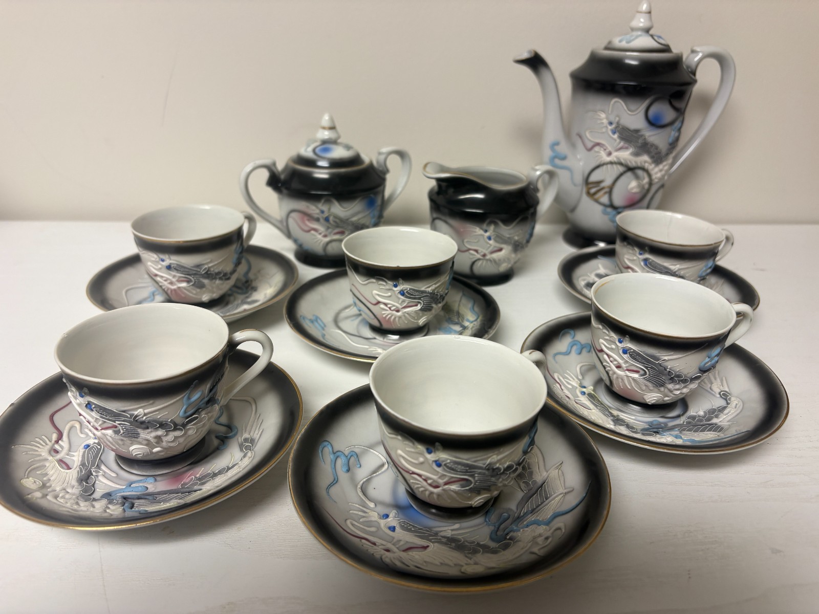 Amazing - Vintage Dragon 17 pc. Geisha Lithopane Tea Set Handpainted from Japan Amazing - Vintage Dragon 17 pc. Geisha Lithopane Tea Set Handpainted from Japan
