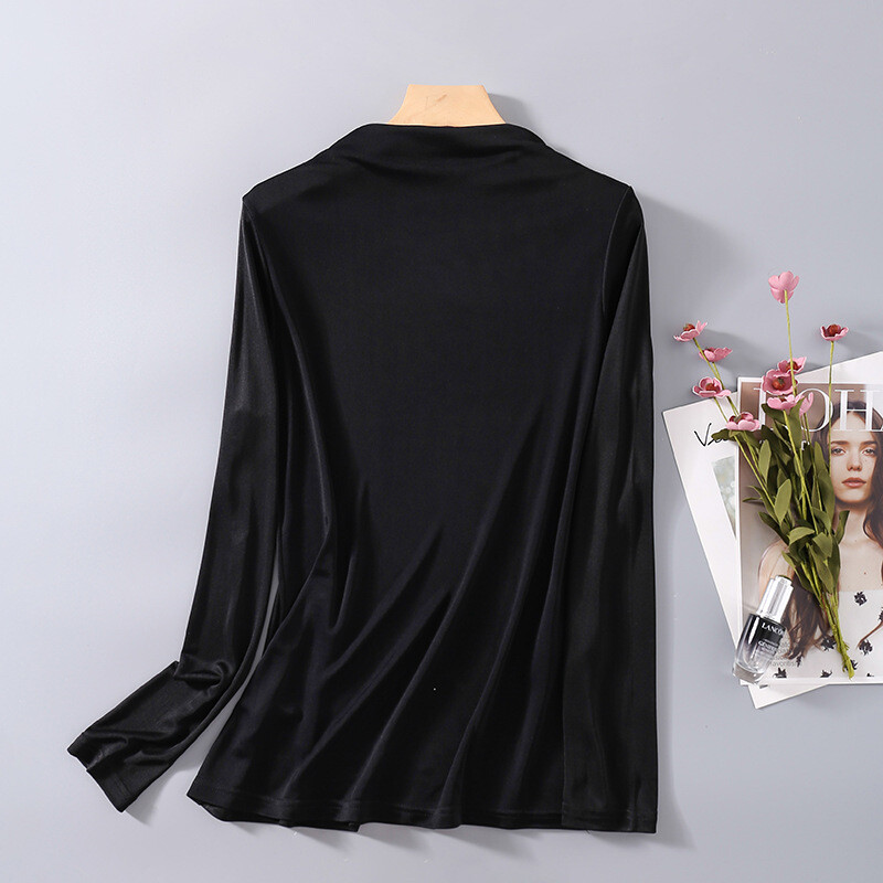 Women's 100% Mulberry Silk Knitted Mid Neck T Shirt Undershirt Long Sleeve Top