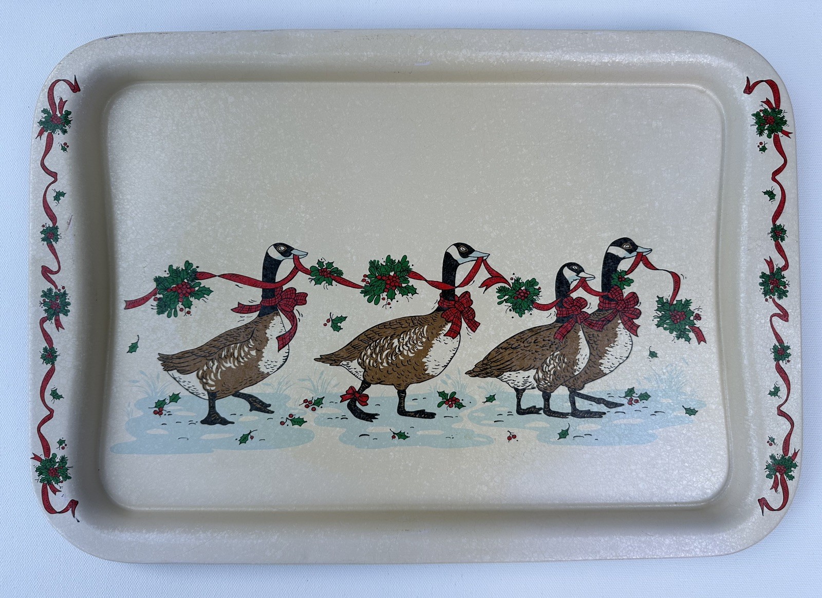 Vtg 1985 Potpourri Press Christmas Geese Metal Tin Serving Tray Large 18\