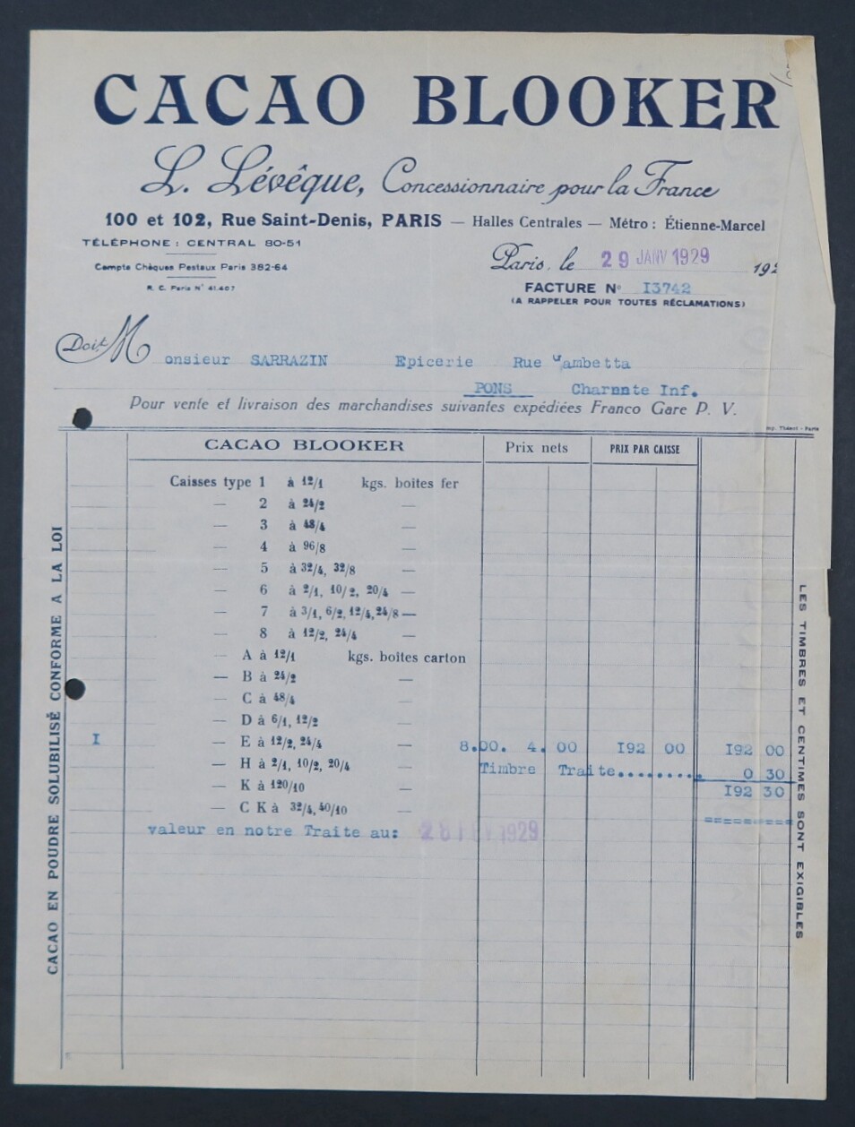 Invoice CACAO BLOOKER LEVEQUE PARIS 1929 old bill invoice 14 Invoice CACAO BLOOKER LEVEQUE PARIS 1929 old bill invoice 14