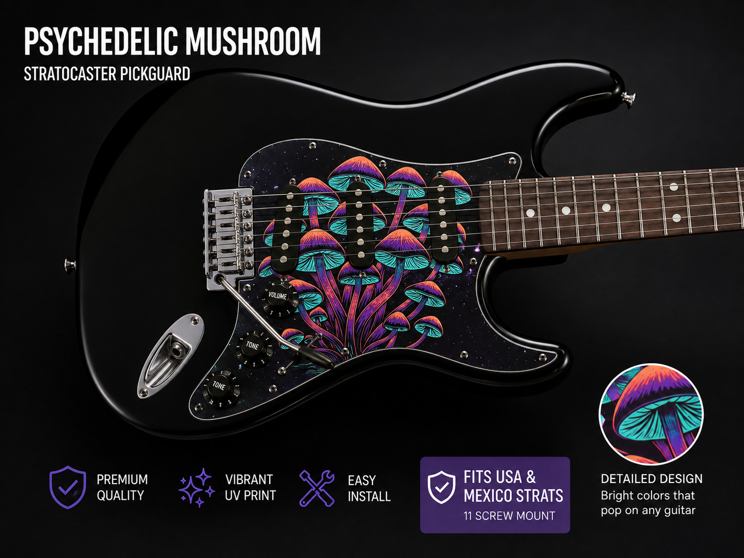 Stratocaster SSS 11 Hole Pickguard Custom Psychedelic Mushroom Design