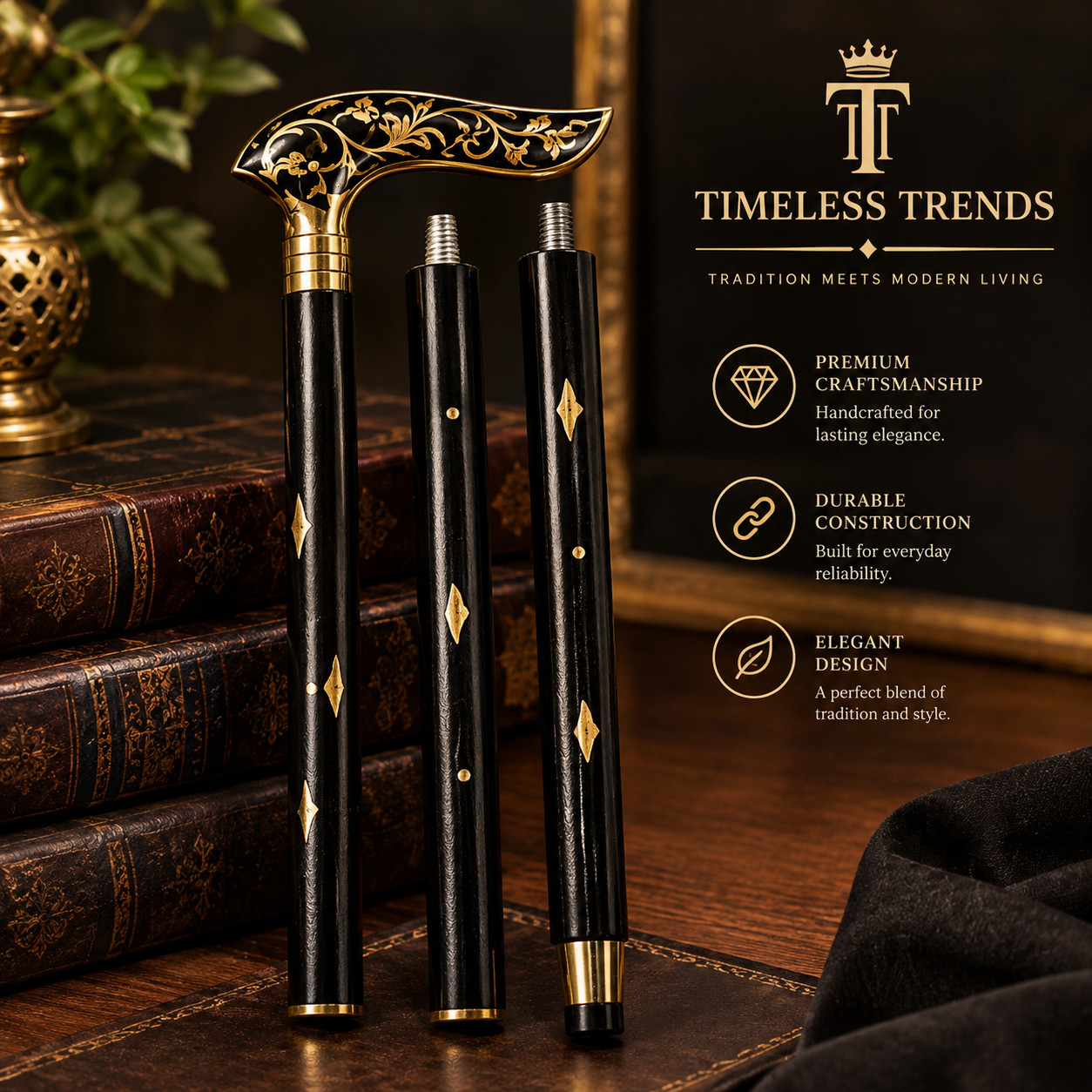 Brass Floral Derby Walking Cane Black Wooden Shaft 3 Piece Disassembling Stick