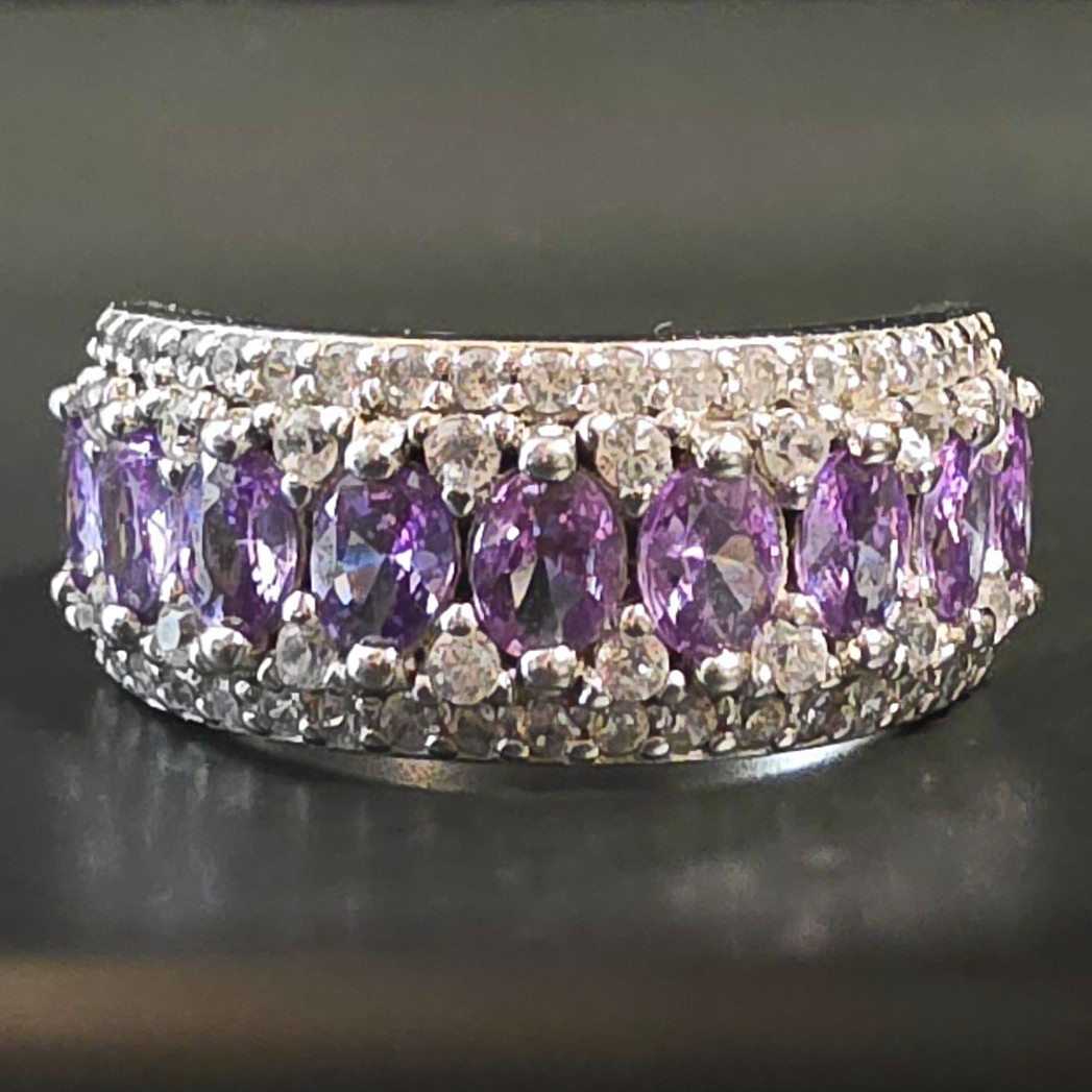 Bomb Party 925 Sterling Silver Purple Oval Stone Wide Band Ring Size 7.25