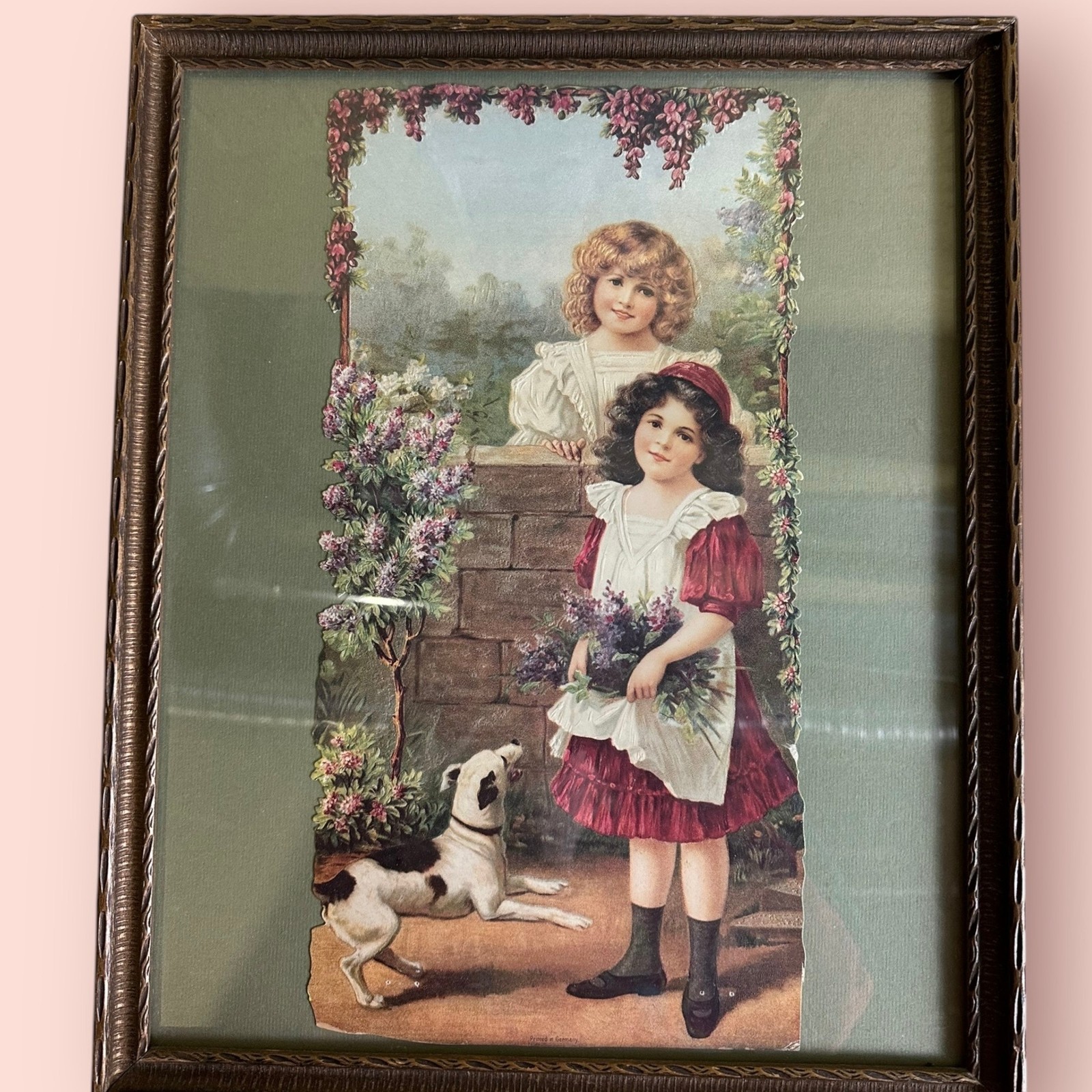 Victorian Die-Cut Lithograph Girls Dog Calendar Top Framed Art Moody Whimsygoth