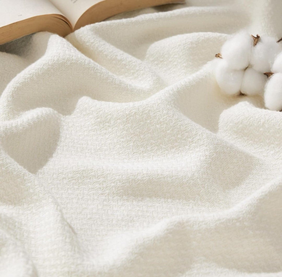 Bedsure Queen Cotton Blanket - Cream Herringbone Weave (90x90)