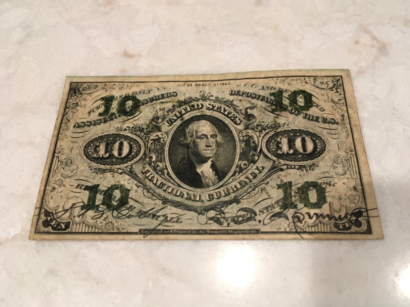 VINTAGE FRACTIONAL CURRENCY, 10 CENTS, 3RD ISSUE #1255, COLBY AND SPINNER VINTAGE FRACTIONAL CURRENCY, 10 CENTS, 3RD ISSUE #1255, COLBY AND SPINNER