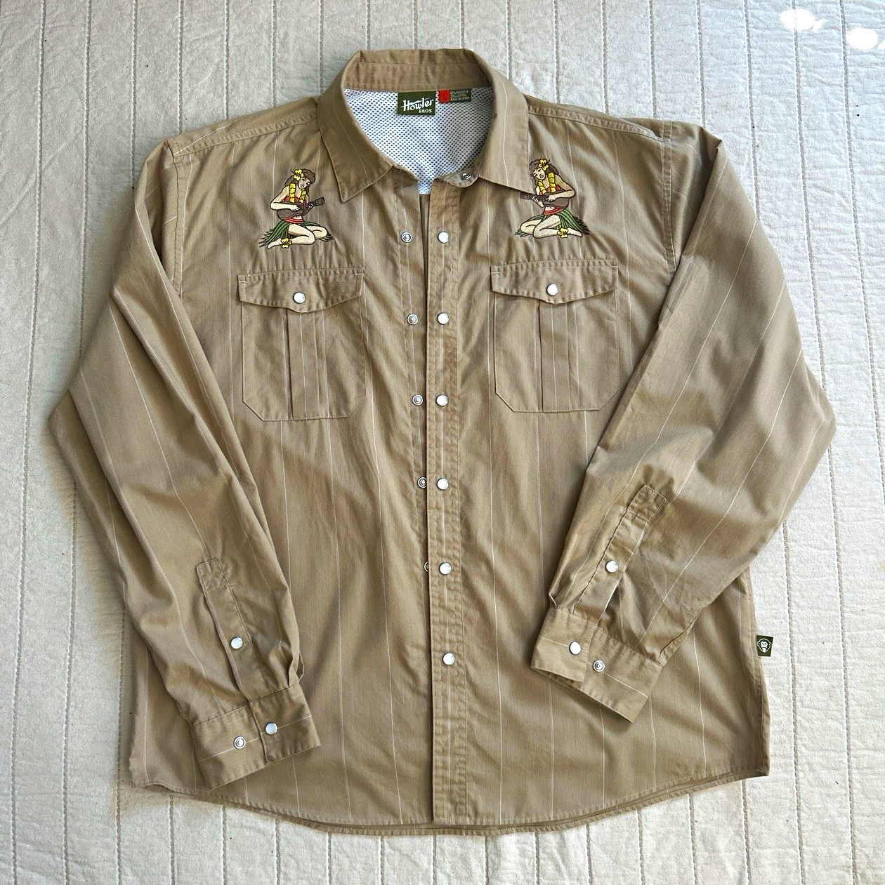 Howler Bros 10th anniversary Tan Striped Embroidered Hula Girl Snap Gaucho Shirt
